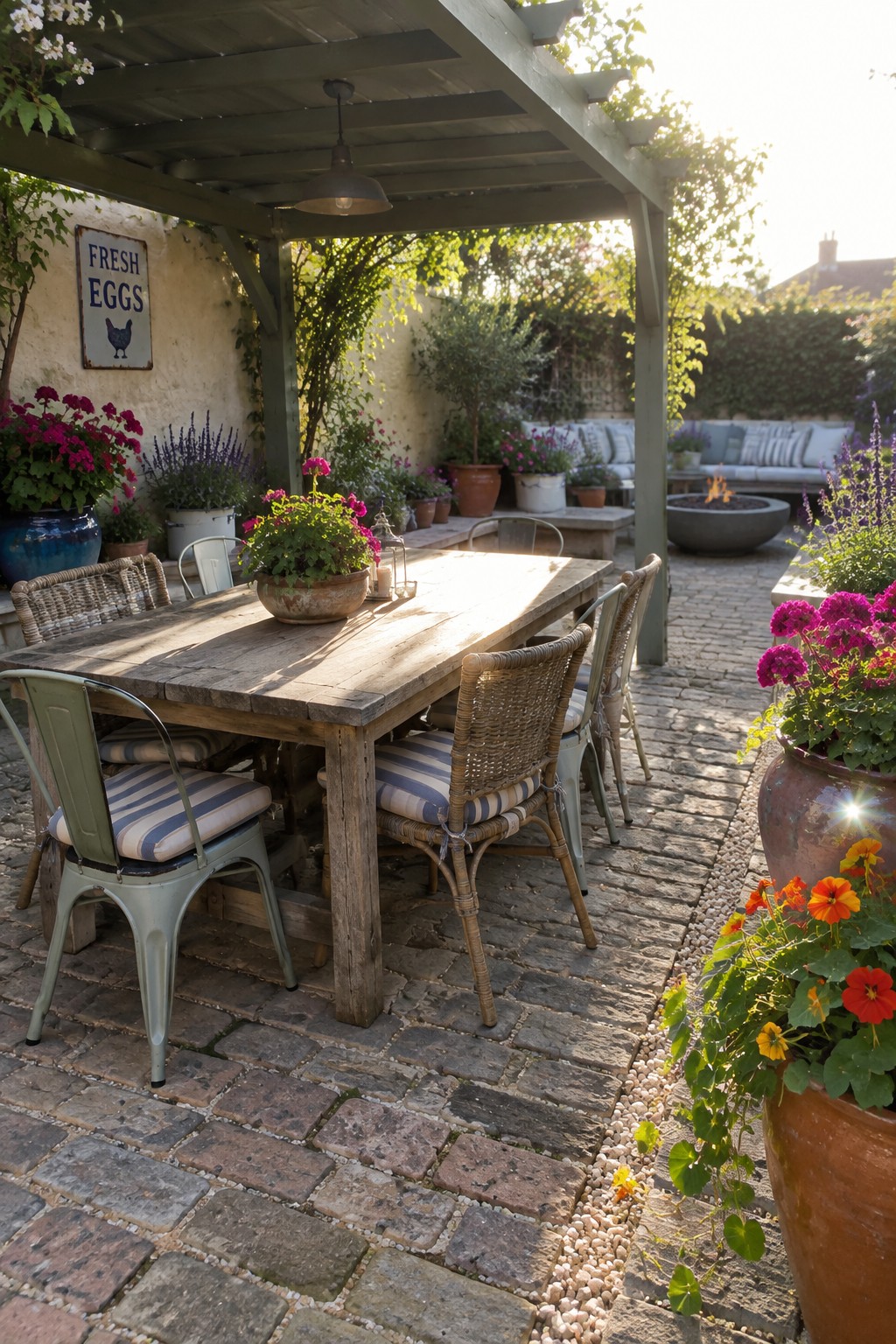 A wooden dining table with mixed metal and wicker chairs sits under a green pergola on a brick patio, surrounded by colorful potted flowers and plants.