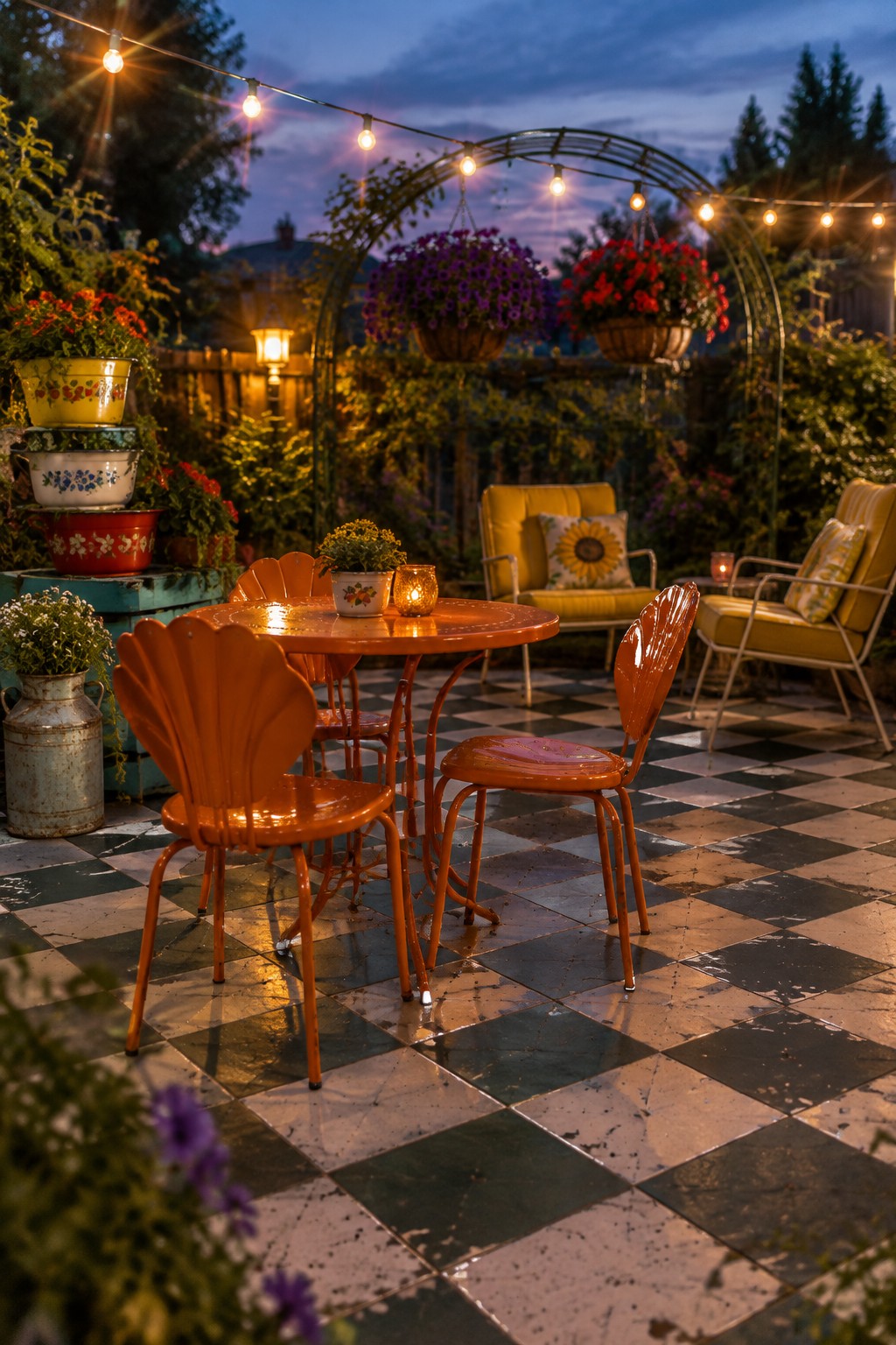 A patio with an orange metal table and chairs on a black and white checkered floor, surrounded by colorful potted plants in stacked containers, hanging flower baskets, string lights over a metal arch, and yellow cushioned chairs at dusk.