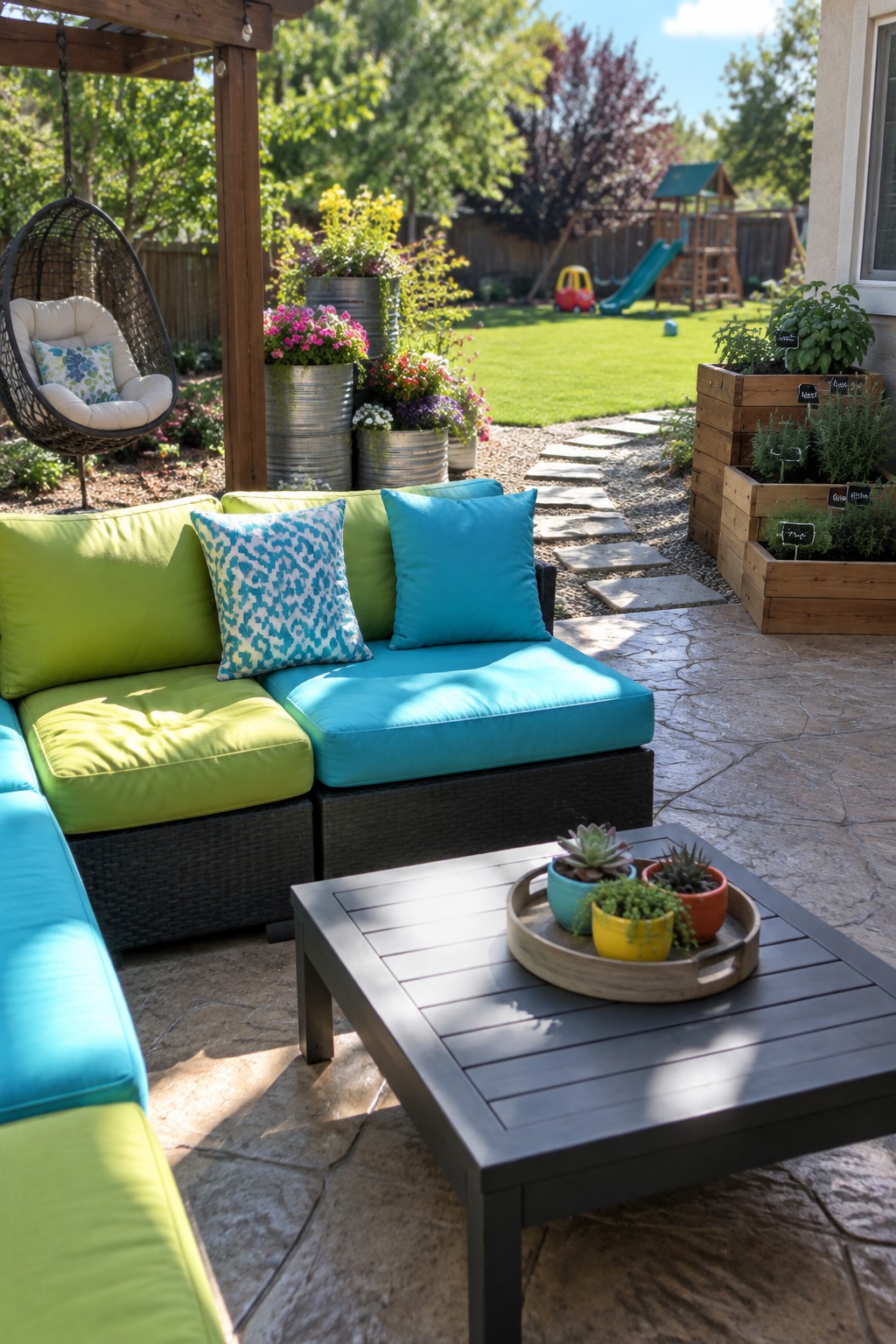 Outdoor patio with turquoise and lime sectional sofa, coffee table, hanging chair