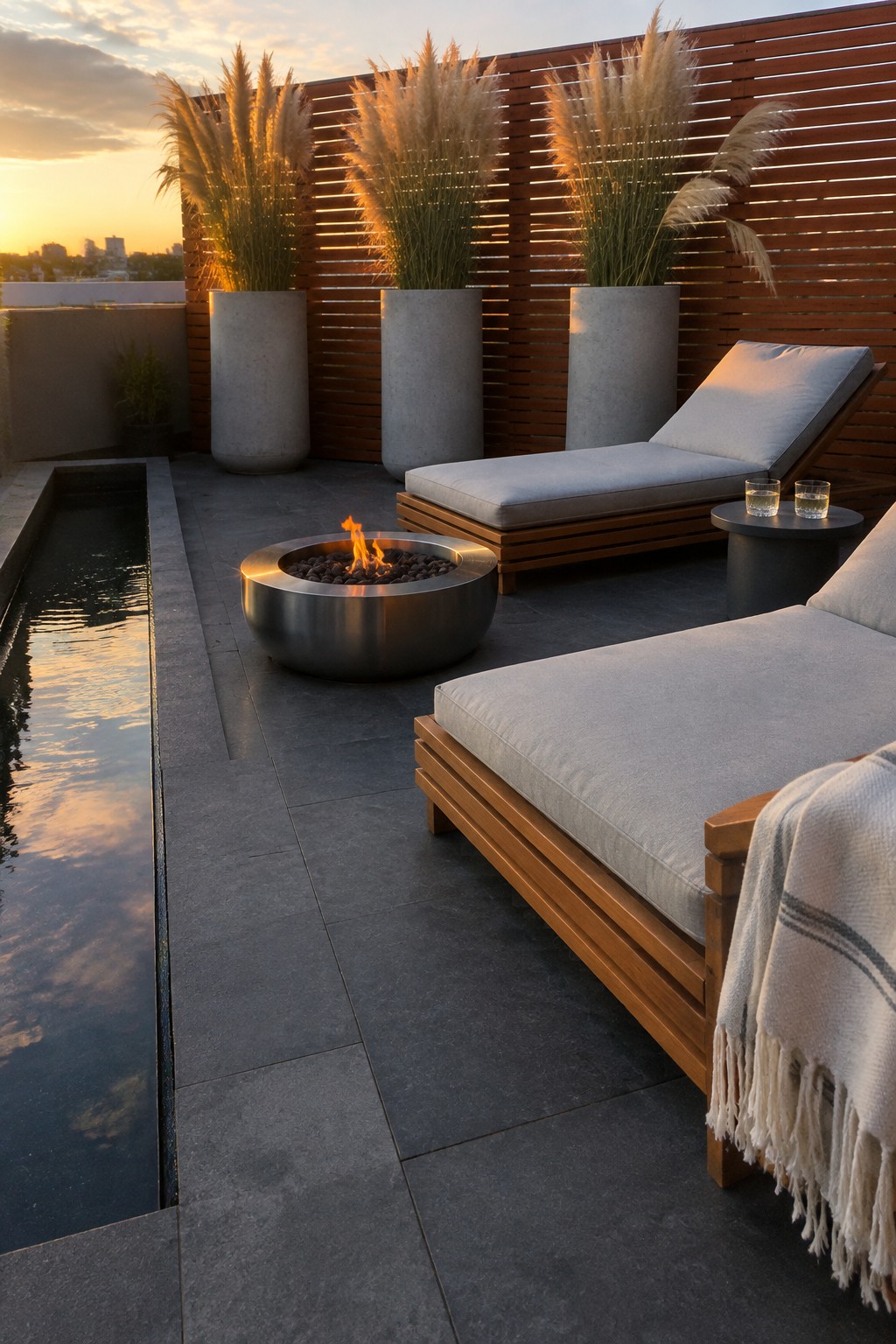 Modern rooftop patio with two wooden lounge chairs, a round stainless steel fire pit, tall potted grasses, a narrow water feature, and a wooden slat screen at sunset.
