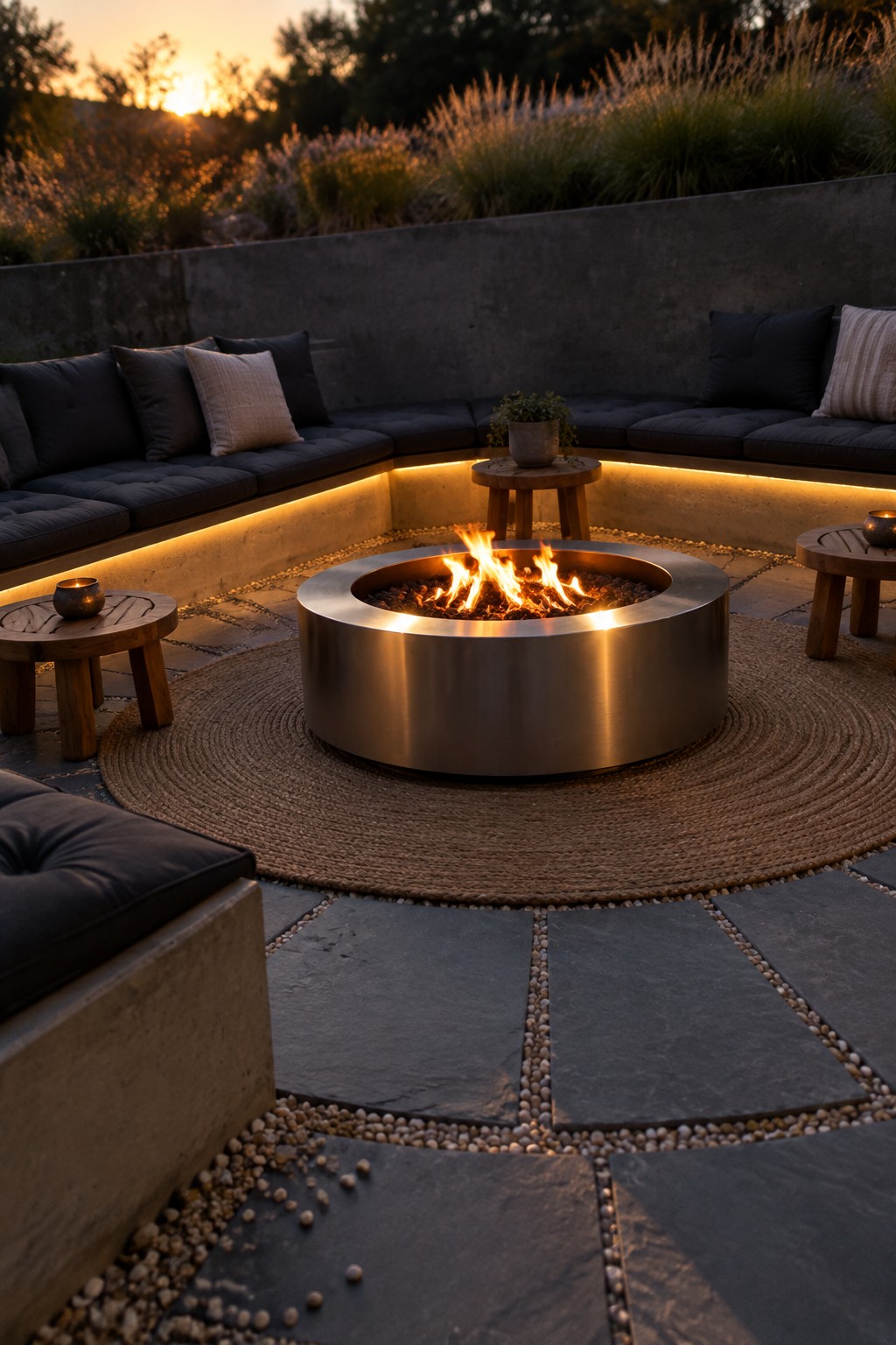 A circular stainless steel fire pit sits on a round woven rug in the center of a stone patio, surrounded by curved built-in seating with dark cushions and warm underlighting at sunset.