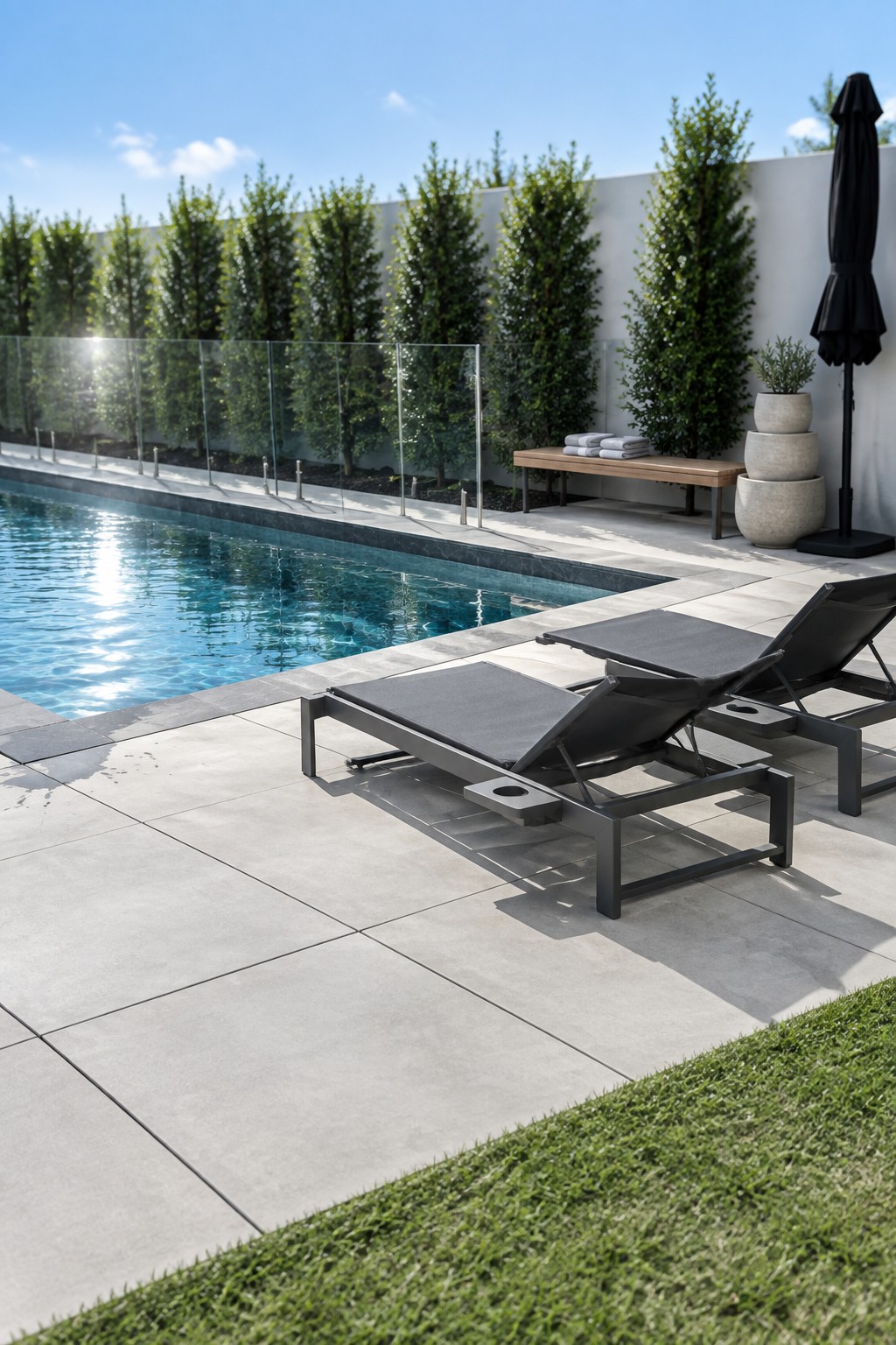 Two black metal frame lounge chairs sit on light gray tiled patio beside a swimming pool, with grass in the foreground and tall trees behind a glass fence.