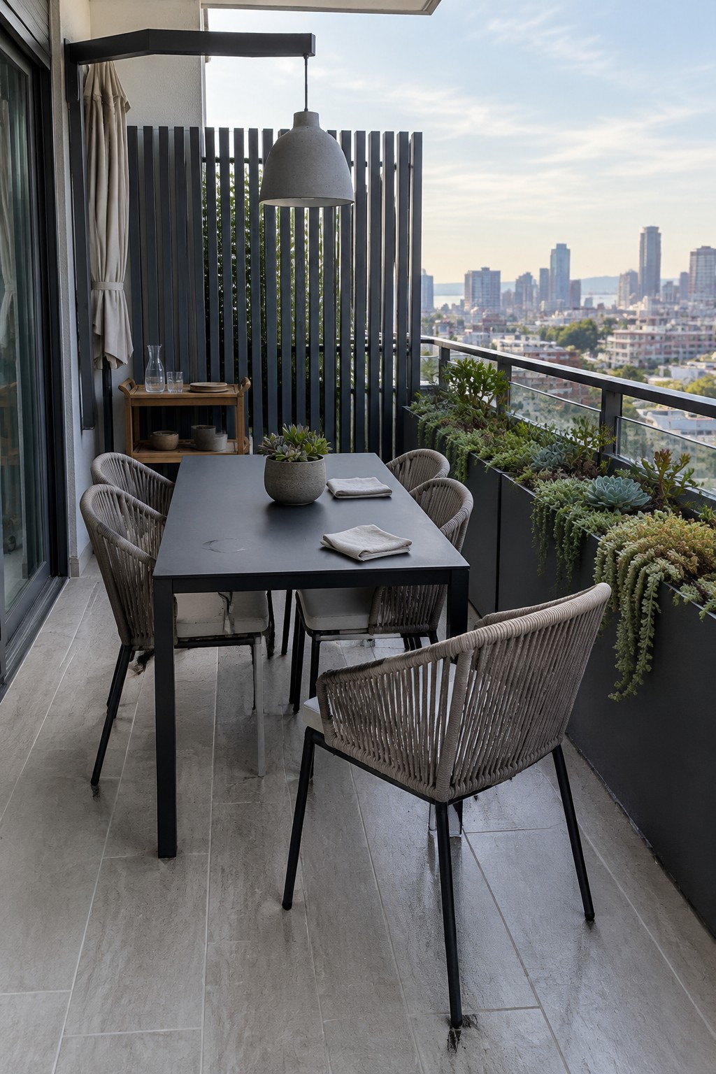 A modern balcony with a dark rectangular dining table, four light woven chairs, a hanging pendant light, and built-in planters along the railing overlooking a city view.
