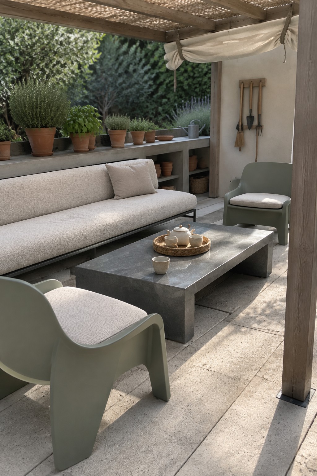 A modern patio with a large rectangular gray concrete coffee table at the center, surrounded by sage green molded chairs, a long upholstered bench with beige cushions, and potted plants along a concrete ledge under a wooden pergola.