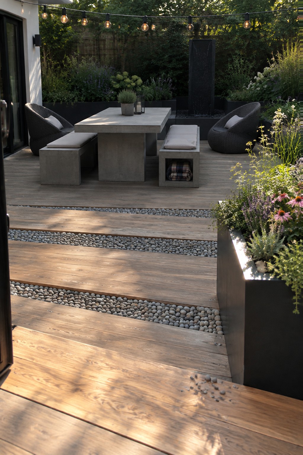 Modern patio with a rectangular concrete dining table and matching benches on a wooden deck, flanked by two dark woven lounge chairs, near a tall water feature.