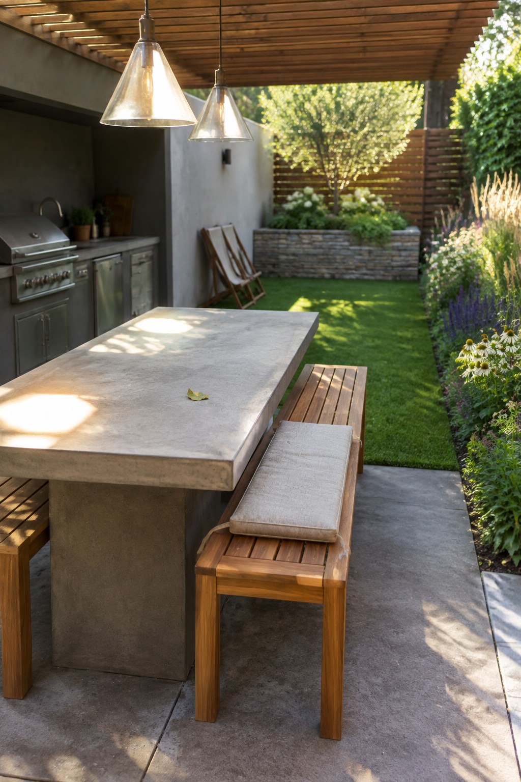 A long concrete dining table with wooden benches sits on a patio beside an outdoor kitchen, with pendant lights overhead and a garden visible in the background.