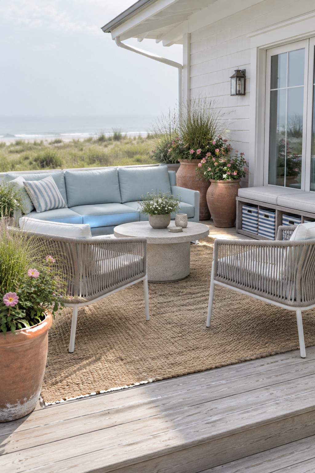 A light blue outdoor sectional sofa and two gray woven armchairs arranged around a round concrete table on a large jute rug on a wooden deck, with potted plants and ocean view in the background.
