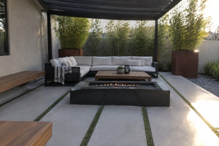 22 Modern Patio Decorating Ideas Using Clean Lines and Contemporary Outdoor Furniture Modern patio with beige sectional sofa, wooden table, fire pit, and bamboo planters
