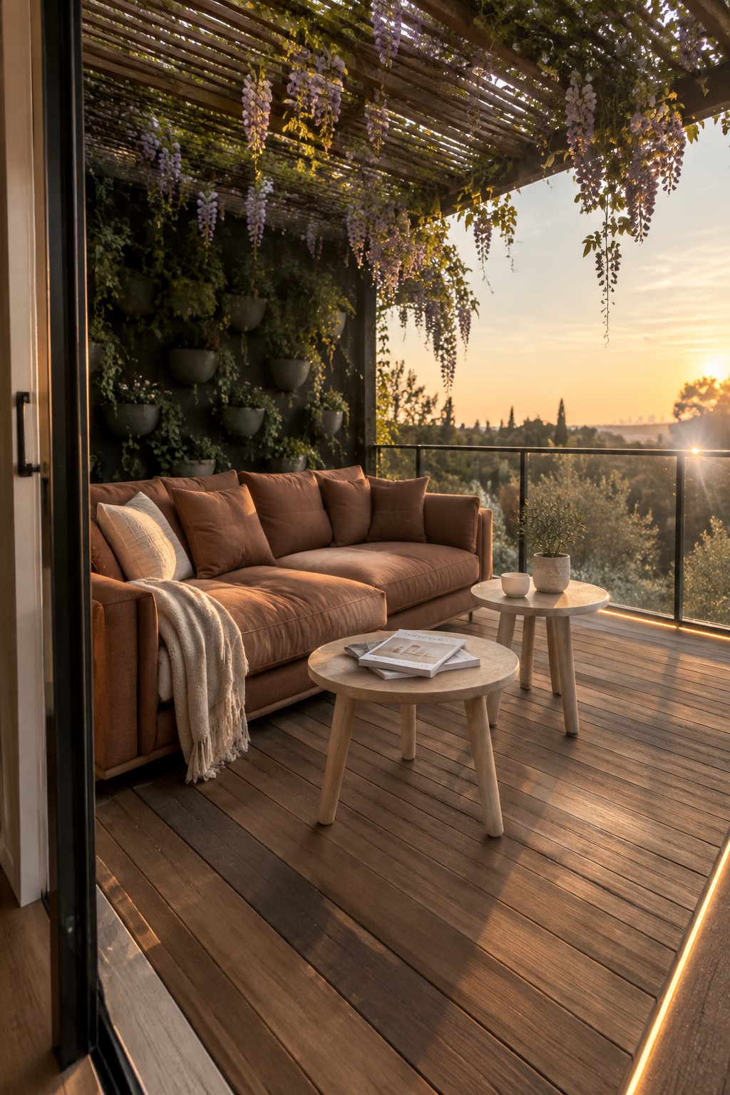 A modern outdoor patio with a brown sectional sofa, two round wooden coffee tables, a wooden deck with edge lighting, a vertical plant wall, and a pergola with hanging purple flowers overlooking a sunset view.