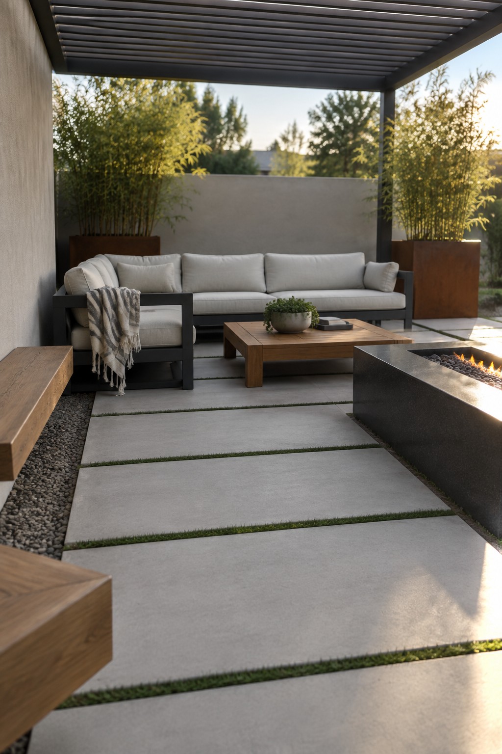 Modern patio with beige sectional sofa, wooden table, fire pit, and bamboo planters