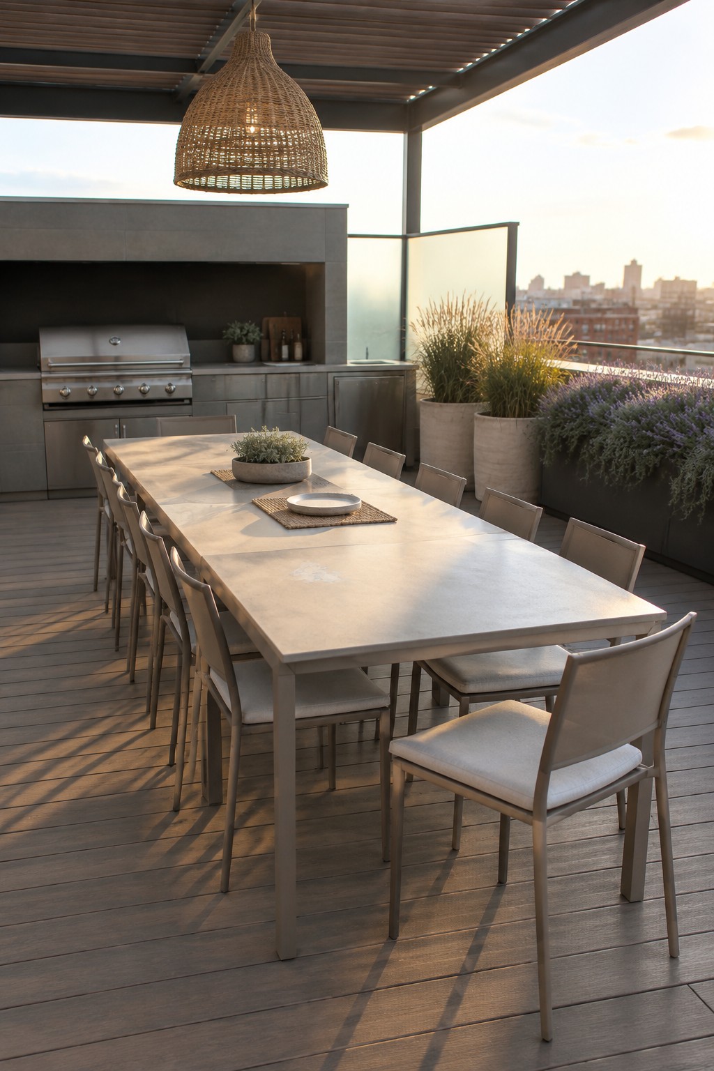Rooftop dining table with modern chairs, woven pendant light, grill kitchen, and city skyline