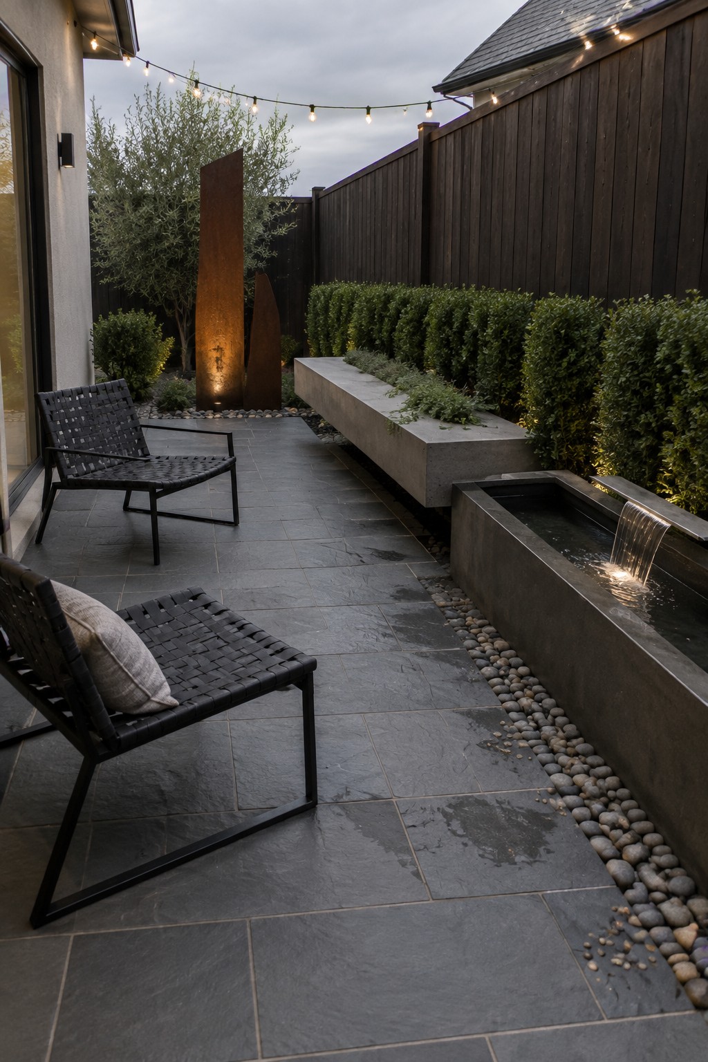 Modern slate patio with black woven chairs, concrete fountain, rusted sculptures, and string lights