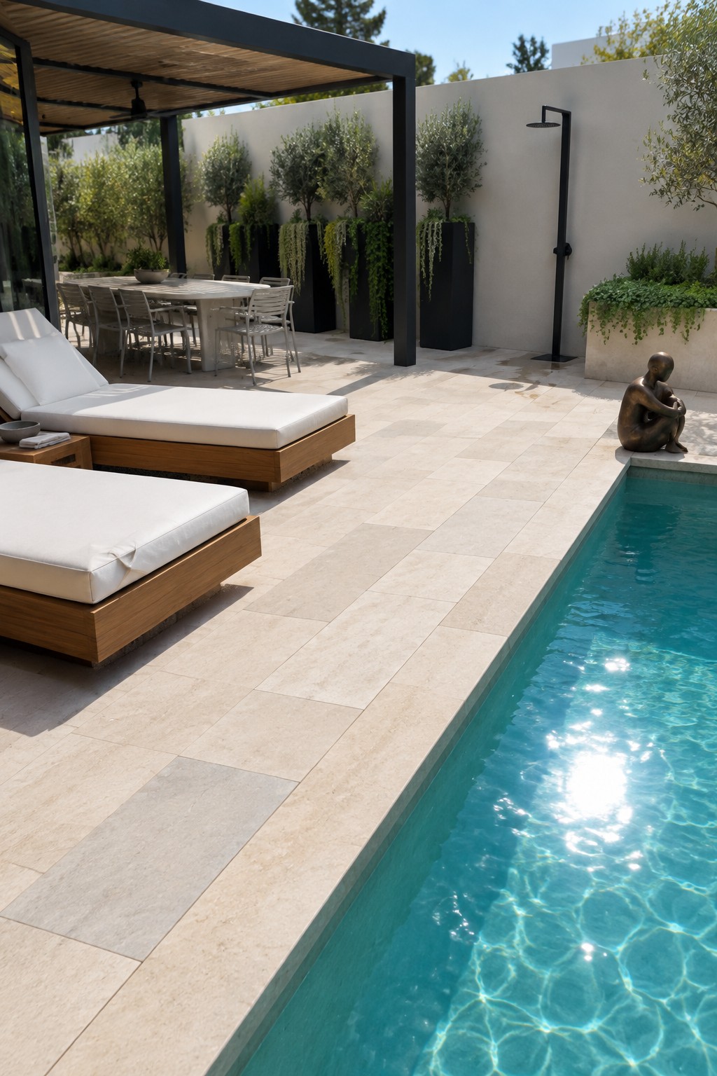 Modern poolside patio with two low wooden lounge chairs with white cushions beside a rectangular pool, stone tile deck, outdoor dining set in background, and bronze sculpture on the right.