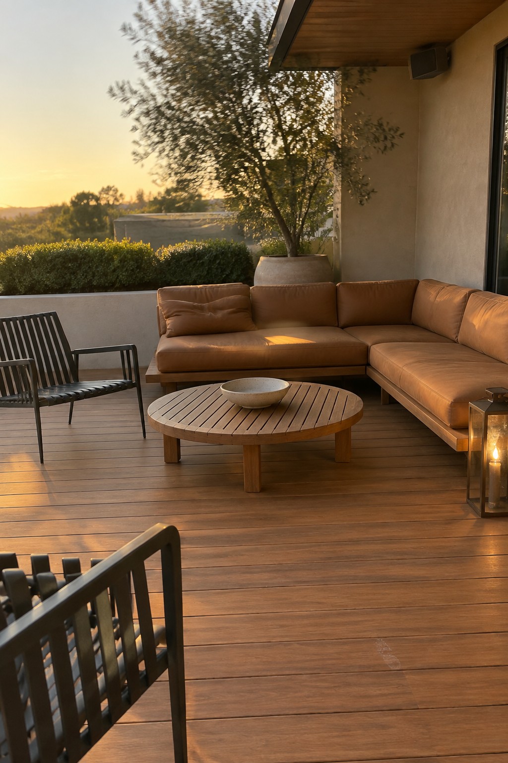 A wooden deck patio featuring a large brown sectional sofa, round wooden coffee table, black slatted chair, and metal lantern with a lit candle overlooking trees at sunset.