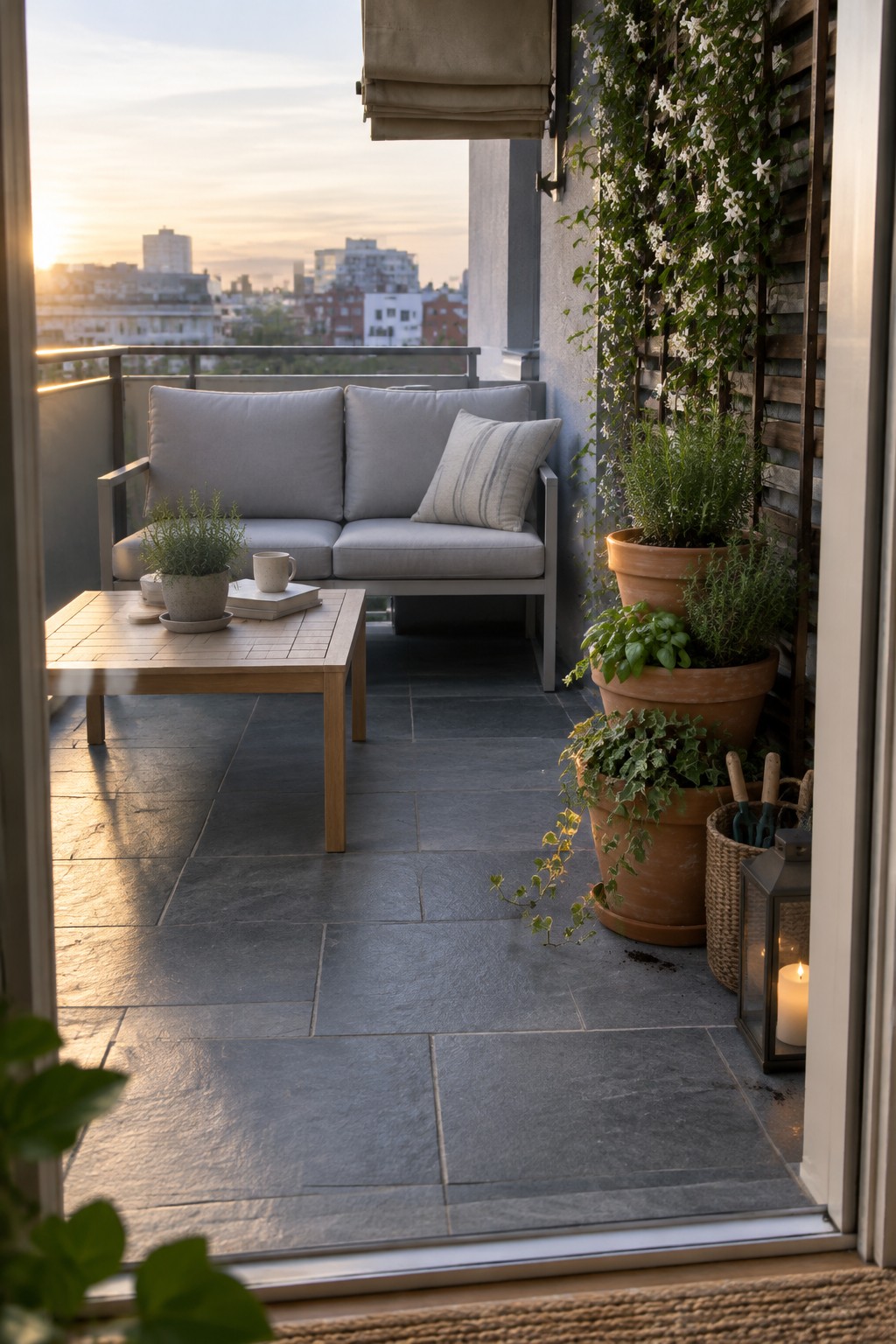 A balcony with a gray outdoor sofa and wooden coffee table, viewed from inside through an open doorway with potted plants along the right wall.