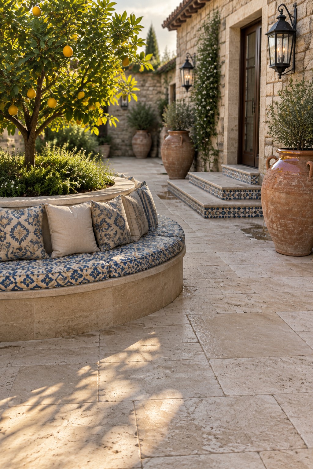 Curved stone bench with blue cushions beside lemon tree on tiled patio