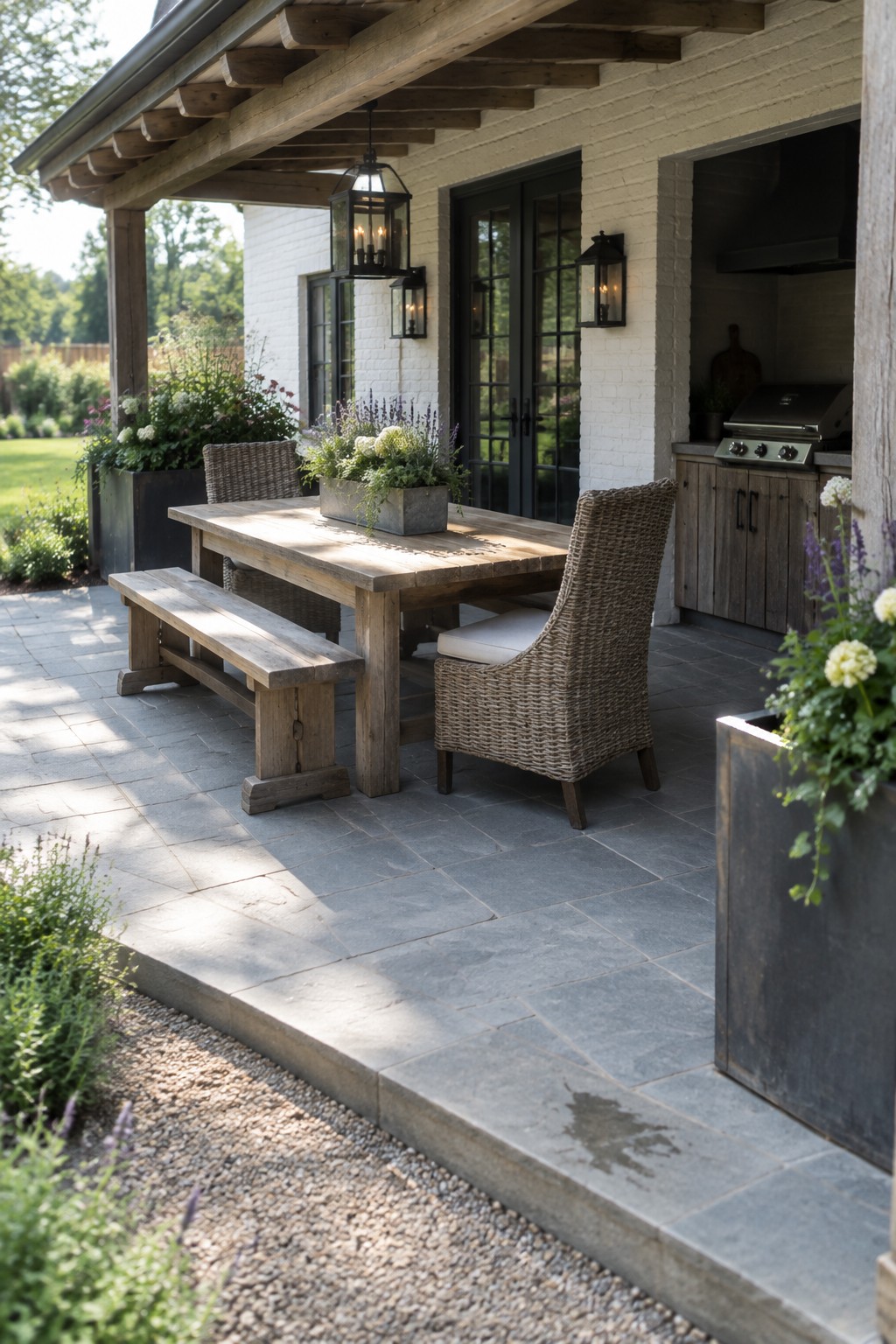 Rustic wooden table with bench and wicker chairs on stone patio near outdoor kitchen