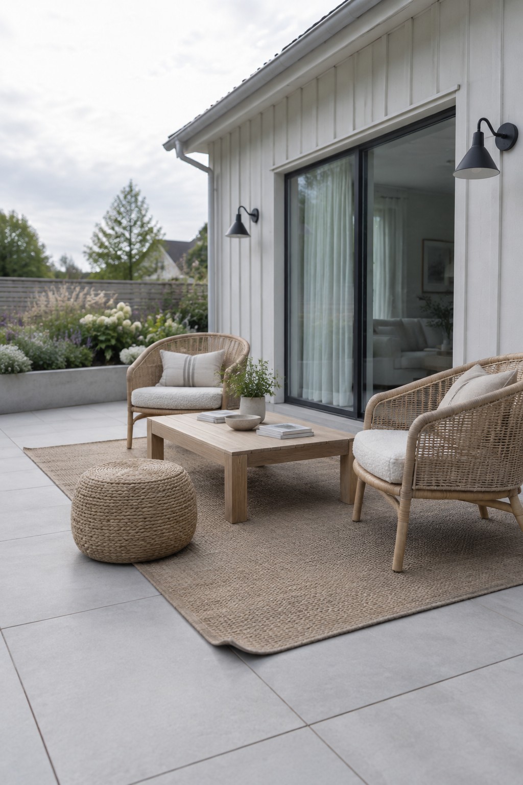 A patio with two woven armchairs, a low wood coffee table, a round woven ottoman, and a large beige rug placed on light gray large-format pavers beside a white house with black-framed sliding doors.