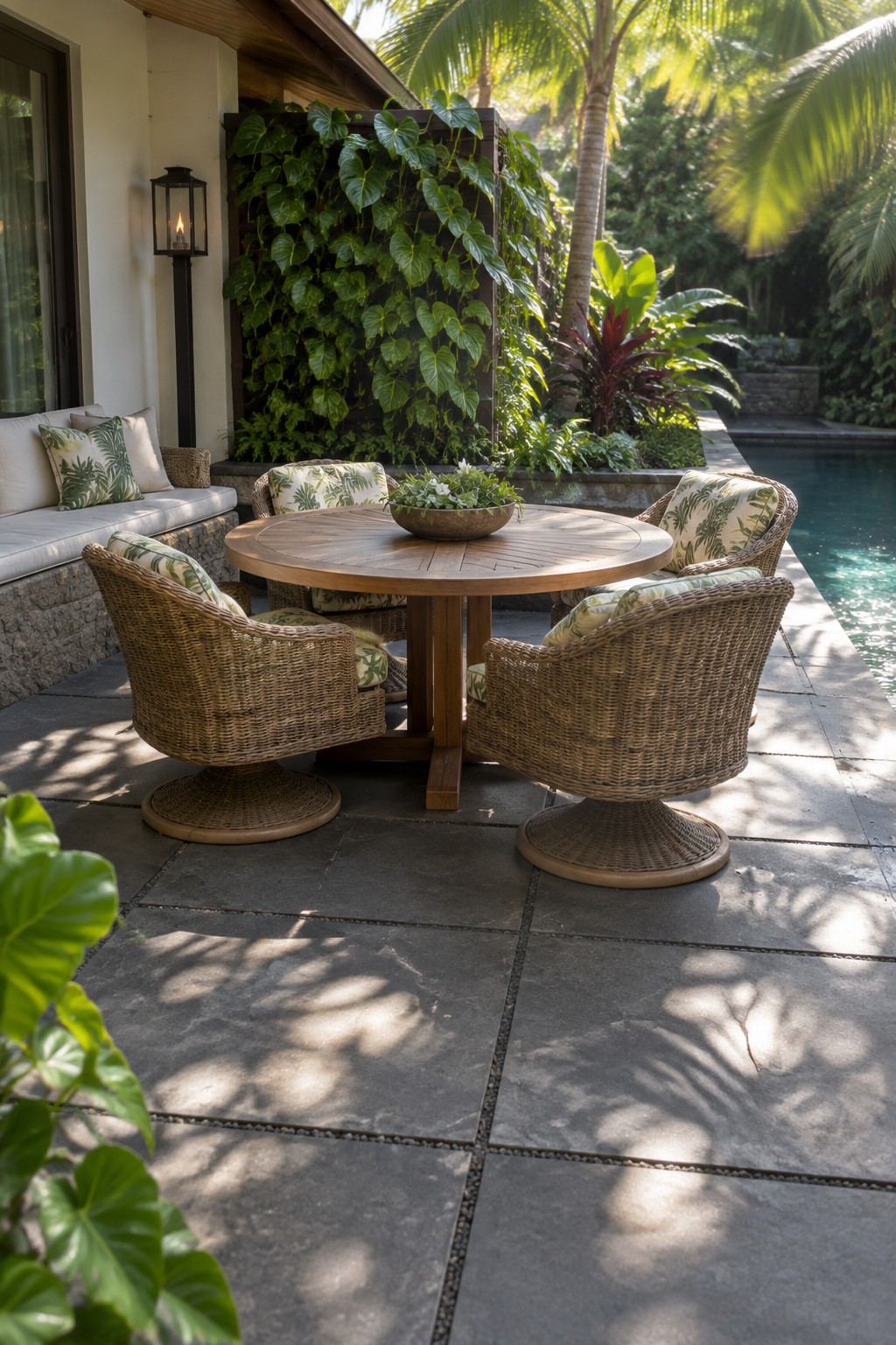 A round wooden table with four wicker swivel chairs on large dark stone pavers, positioned beside a pool and a house wall with a vertical garden.