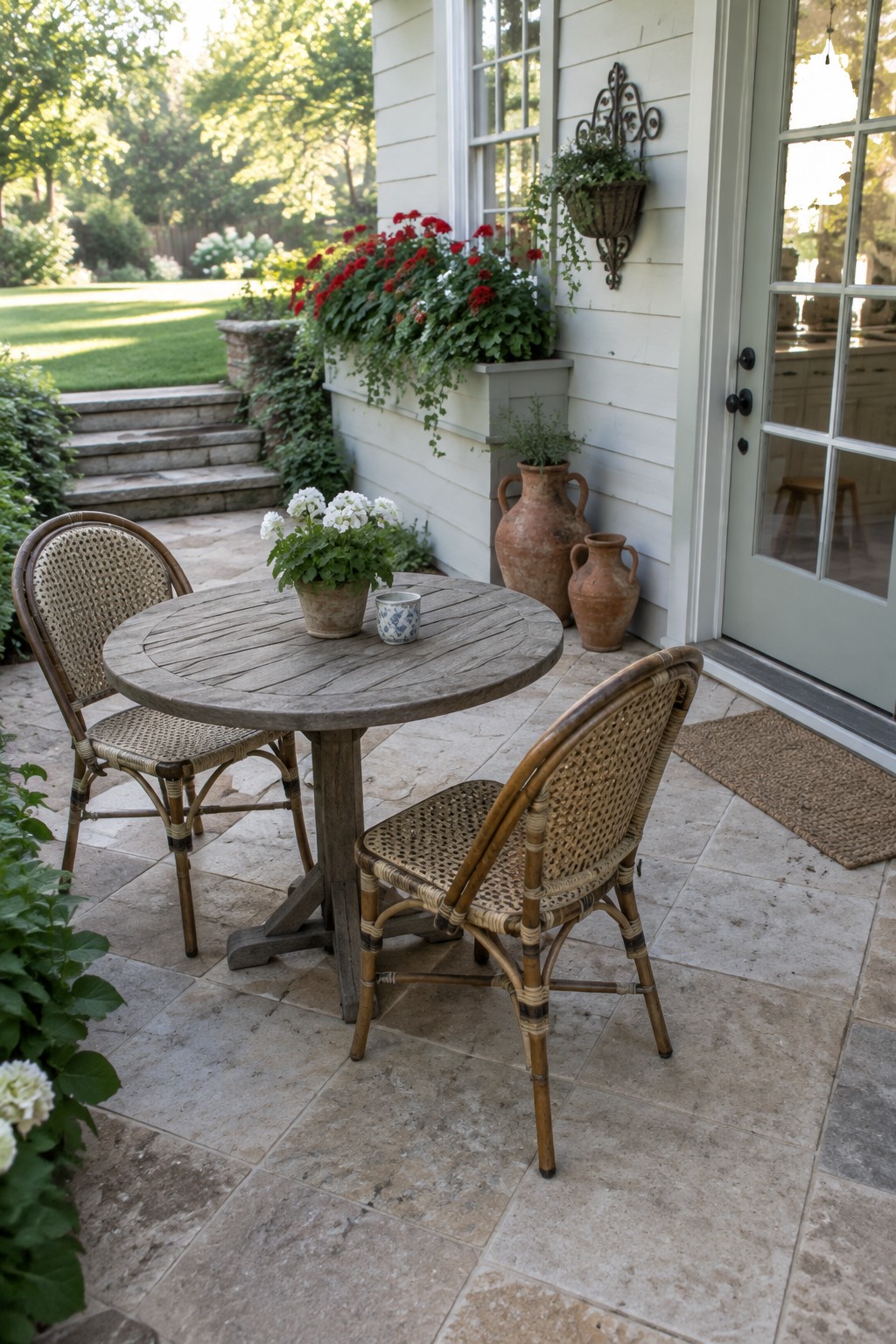 A round wooden table and two woven chairs rest on large irregular stone pavers next to a house with a light green door and flower boxes.