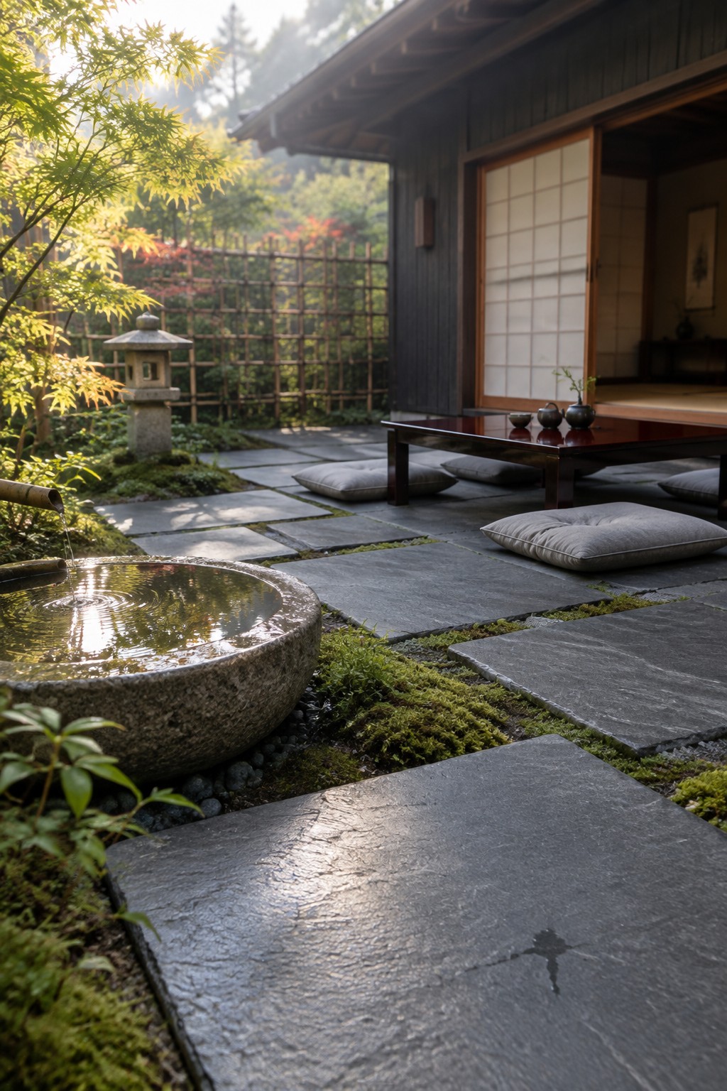 Japanese zen garden with stone water basin, bamboo fountain, lantern, and open shoji doors.