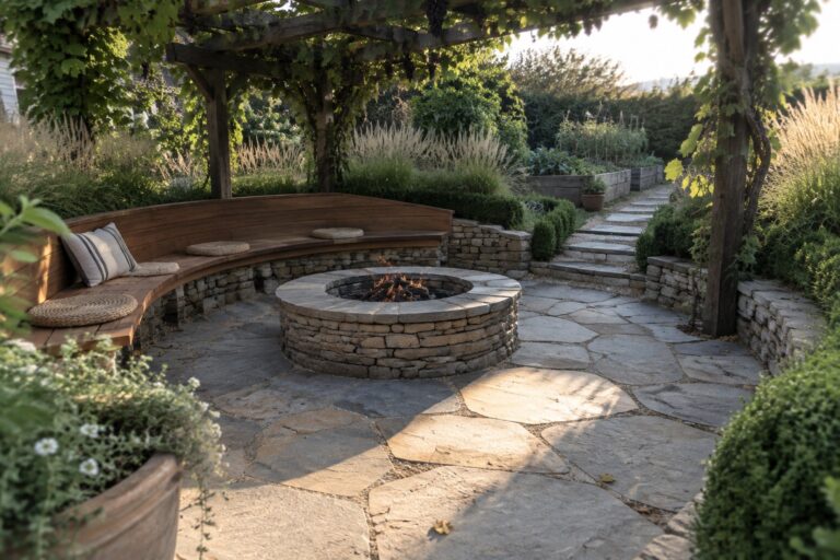 A circular stone fire pit with active flames sits centered on a flagstone patio beneath a wooden pergola, with a curved bench and garden beds nearby.