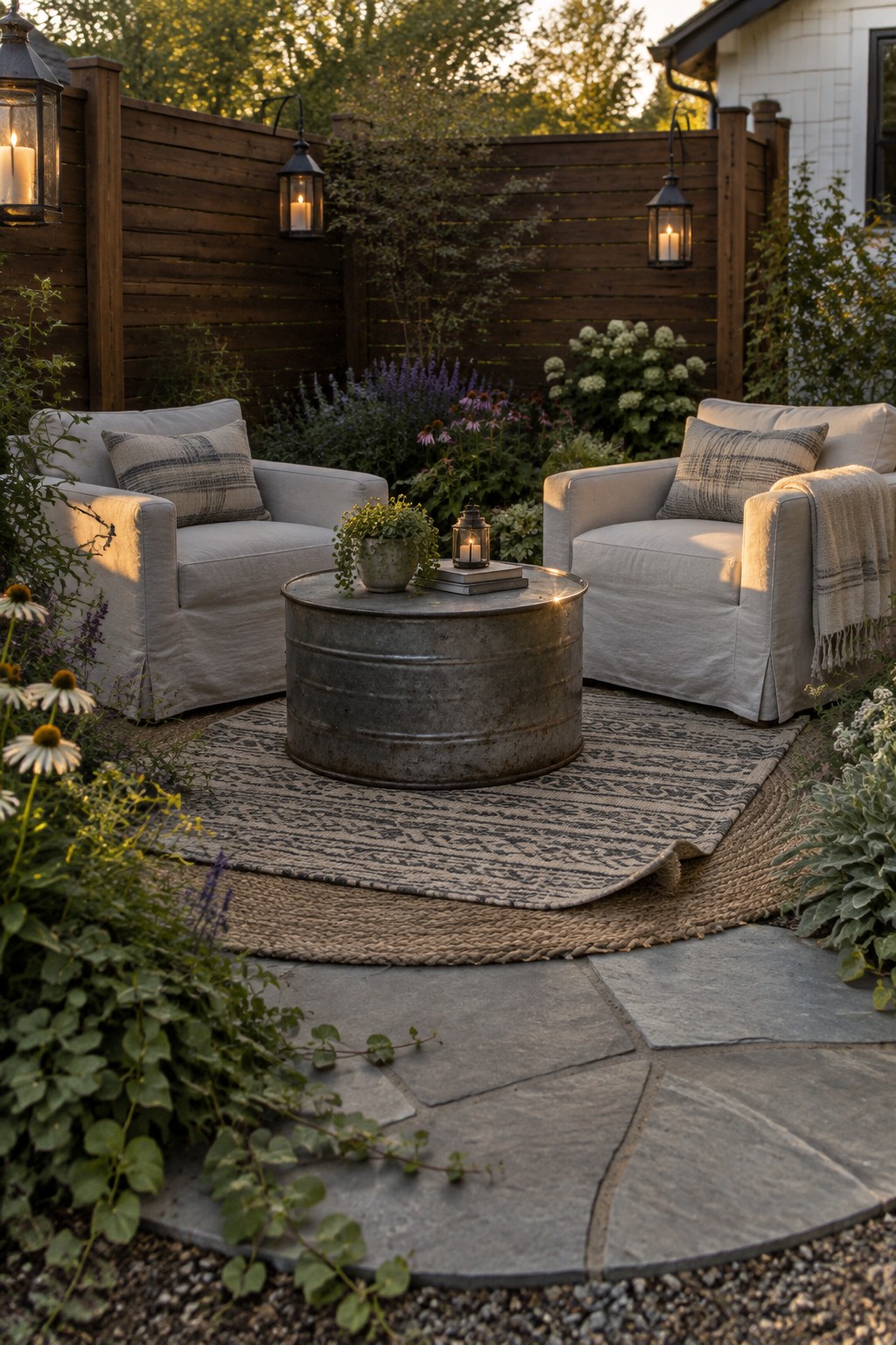 Cozy patio with two armchairs, metal barrel table, lit lanterns, and garden blooms.