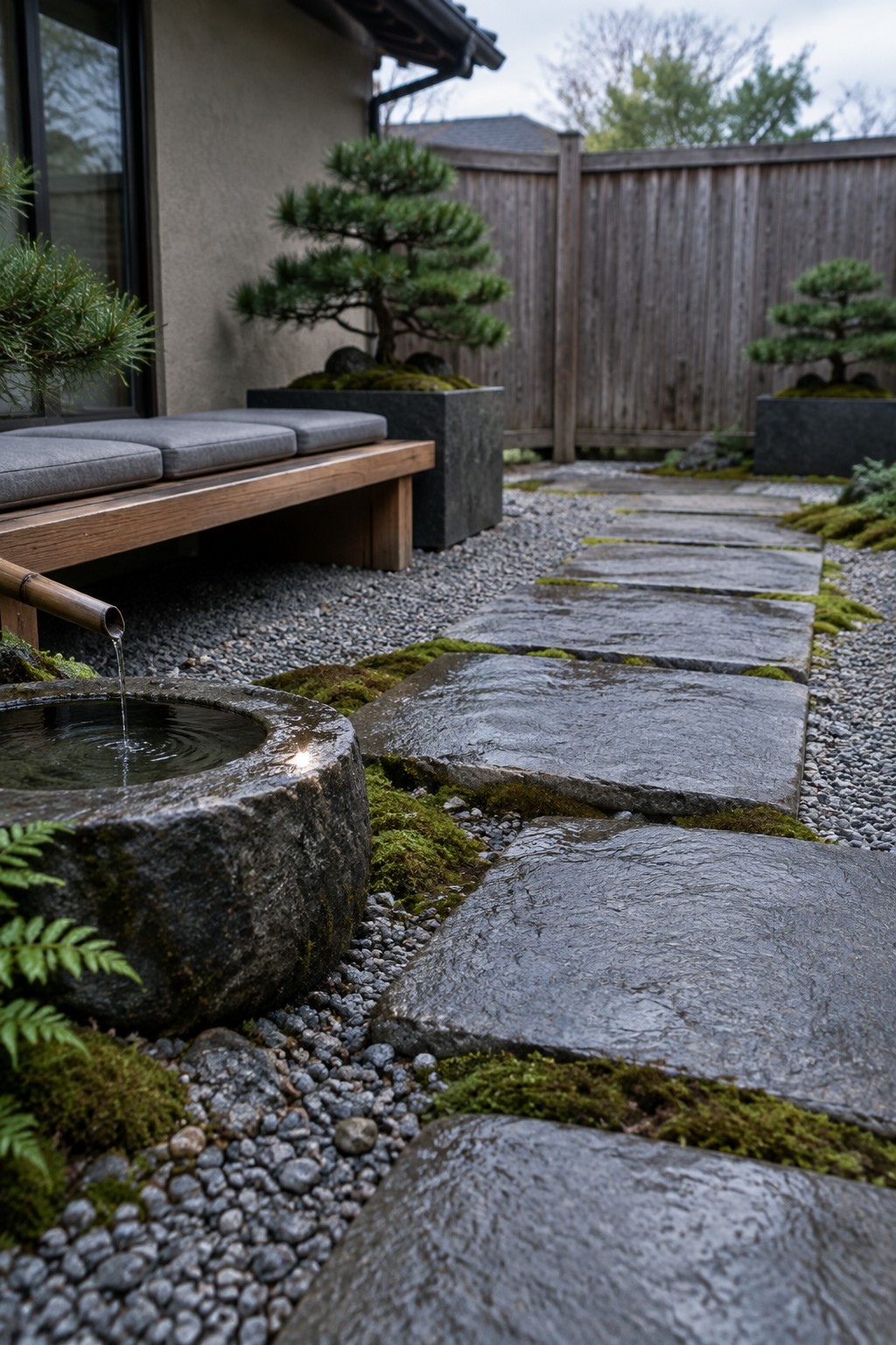 A wet flagstone path with moss and gravel leads past a stone water basin with a bamboo spout toward a wooden bench and potted trees.