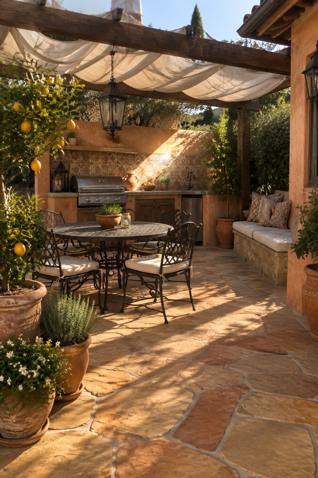 A flagstone patio featuring a round metal dining table with black chairs, an outdoor kitchen with stainless grill, built-in bench seating with cushions, terracotta pots, and a wooden pergola with draped fabric shade.