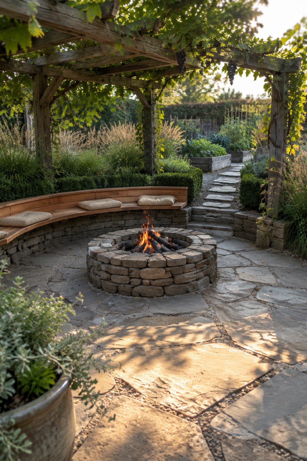 A circular stone fire pit with active flames sits centered on a flagstone patio beneath a wooden pergola, with a curved bench and garden beds nearby.
