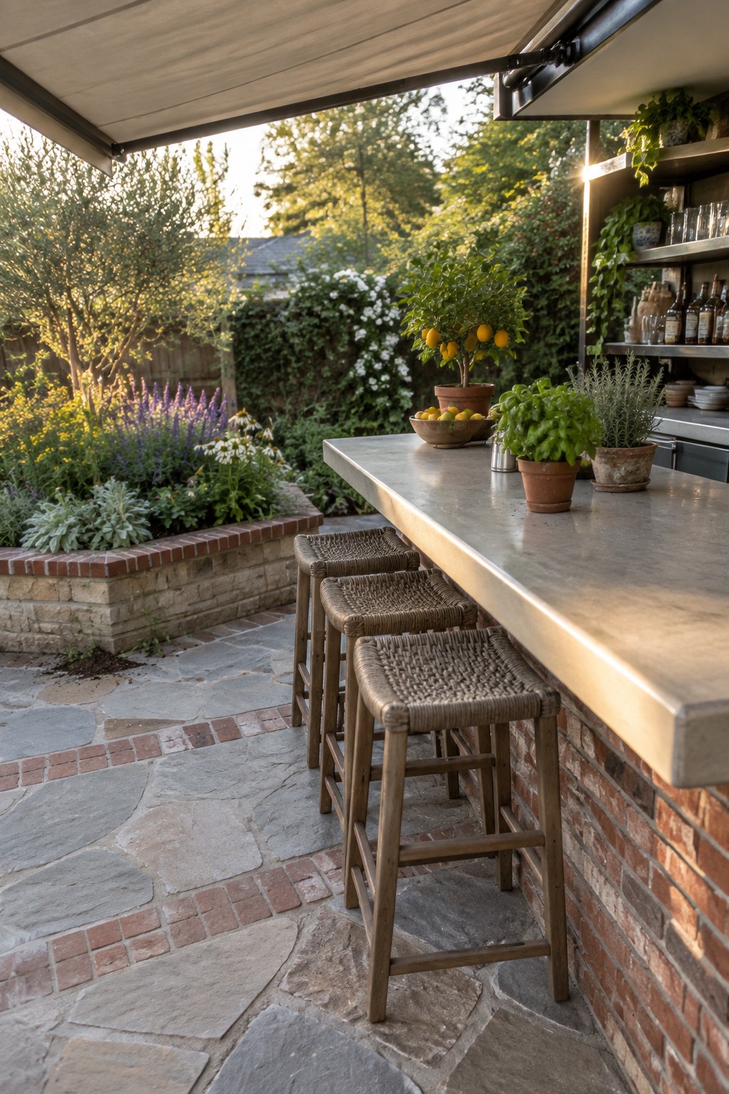 Outdoor bar with three woven stools, potted lemon tree, and herb plants on counter.