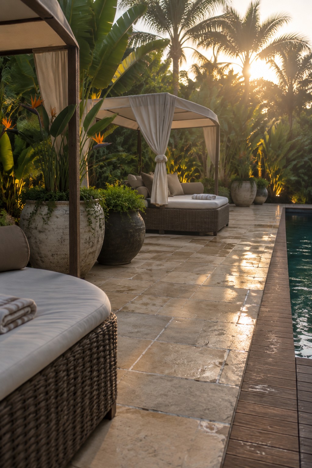 A flagstone patio next to a swimming pool lined with woven lounge furniture, cabanas, and large potted tropical plants at sunset.