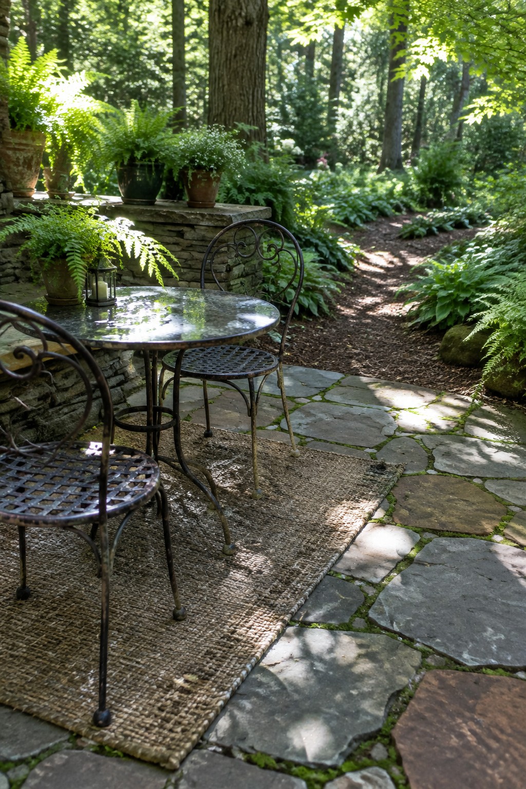 A flagstone patio with a round metal table and two chairs on a woven rug, surrounded by potted ferns and garden plants in a wooded setting.