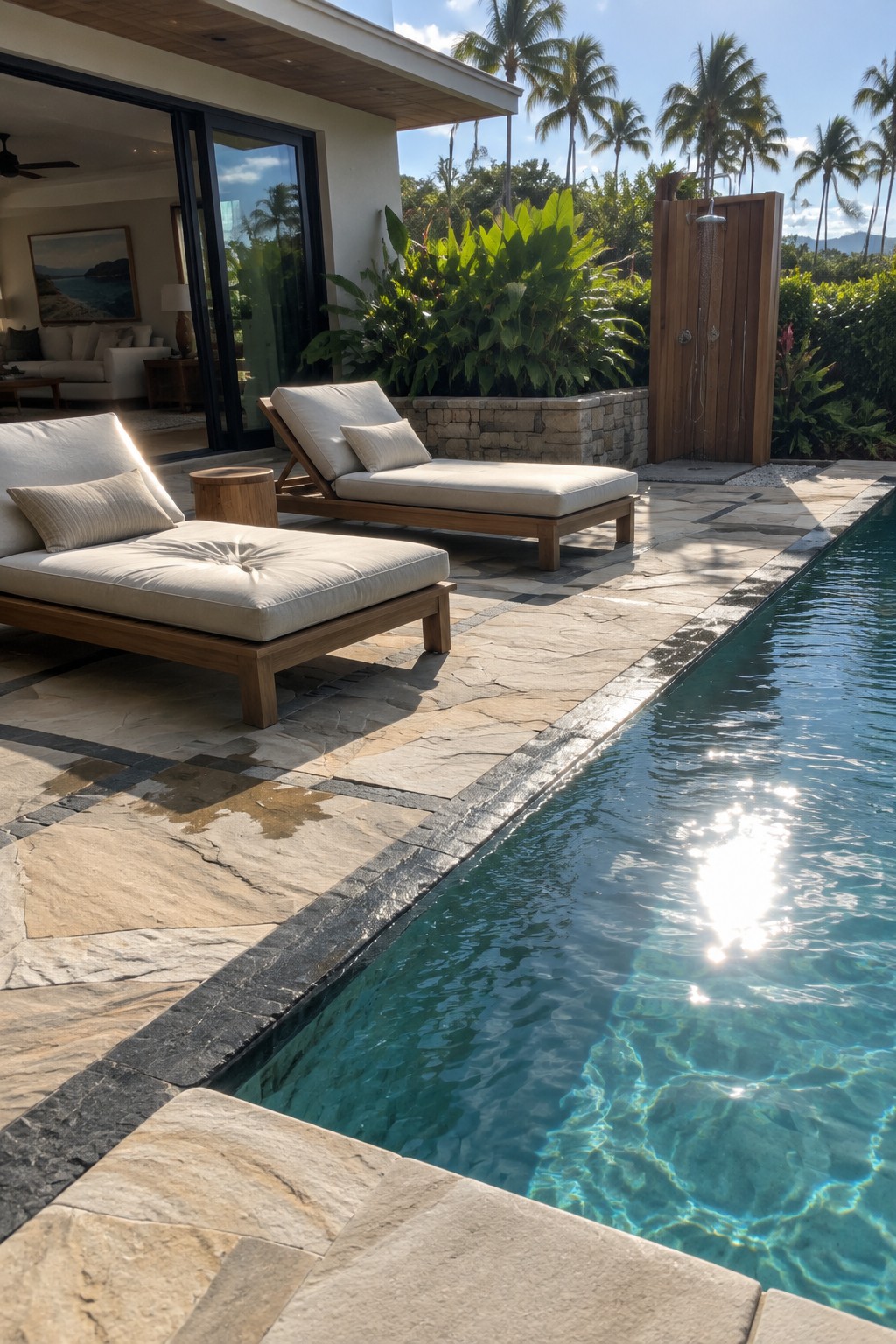Two wooden lounge chairs beside a clear blue pool on a tropical stone patio