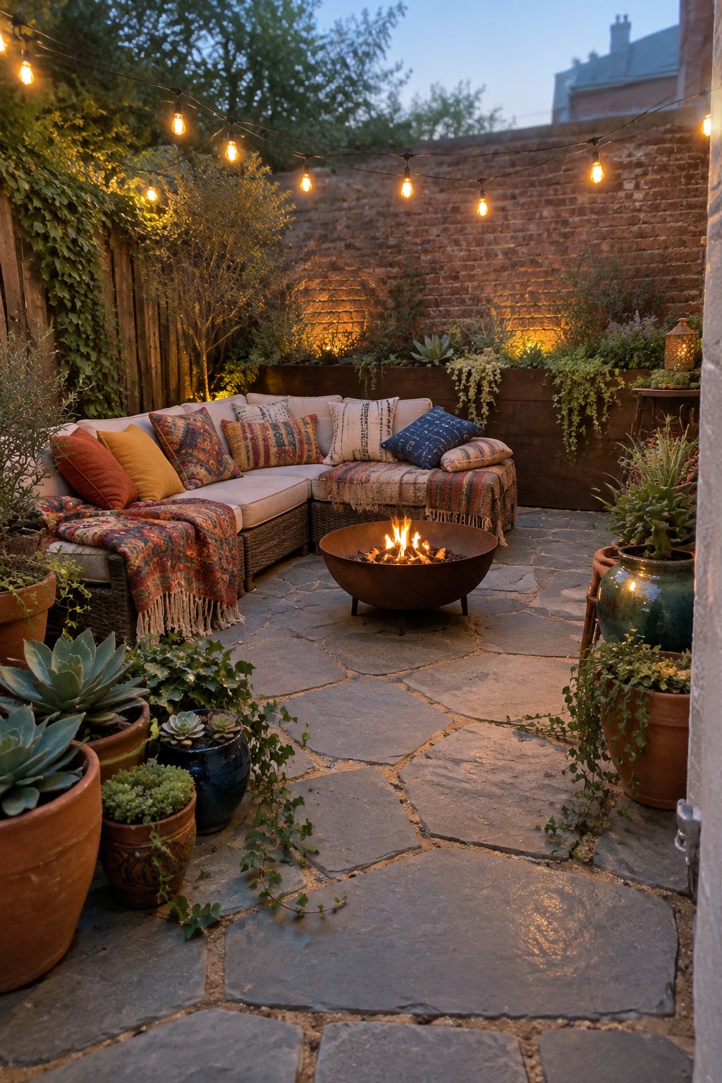 A flagstone patio with an L-shaped sectional sofa and a round metal fire pit at the center, surrounded by potted plants and string lights at dusk.