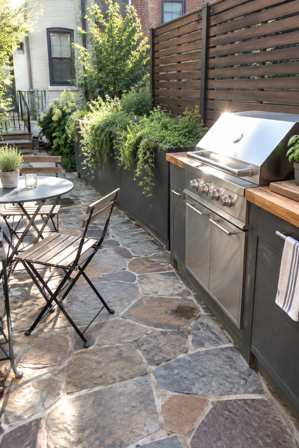 A flagstone patio with irregular stones shows a stainless steel outdoor grill with dark cabinets, wooden counters, and a small round table with folding chairs nearby.