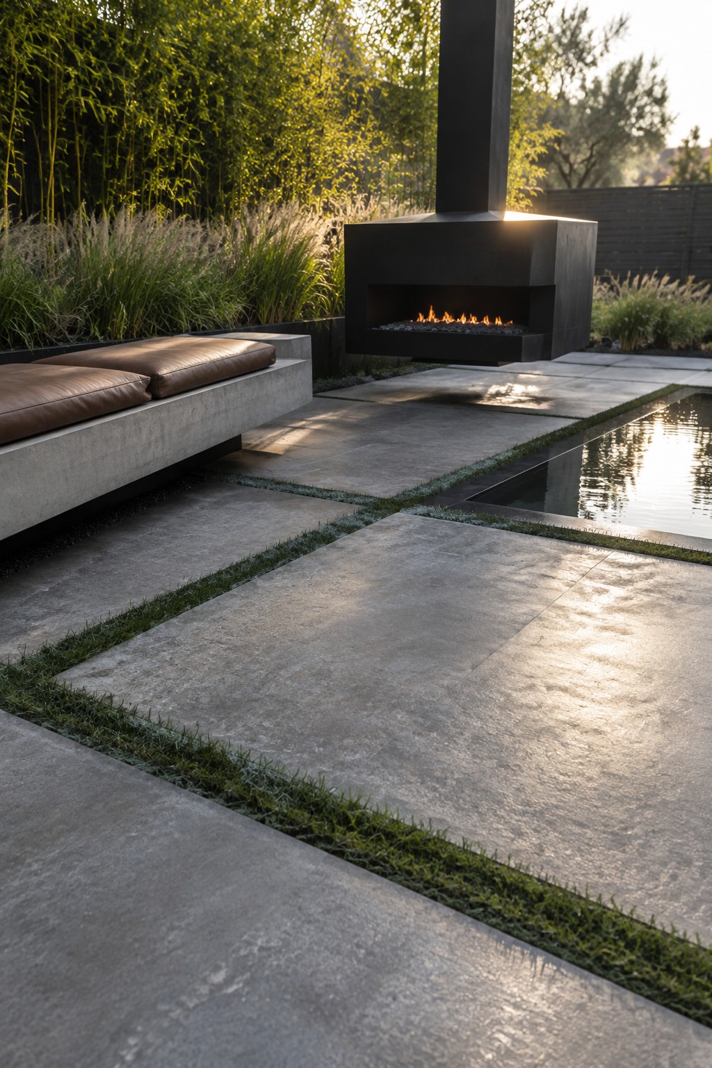 Large rectangular gray stone pavers form a patio with narrow strips of grass between them, next to a modern black outdoor fireplace and a narrow pool of water.