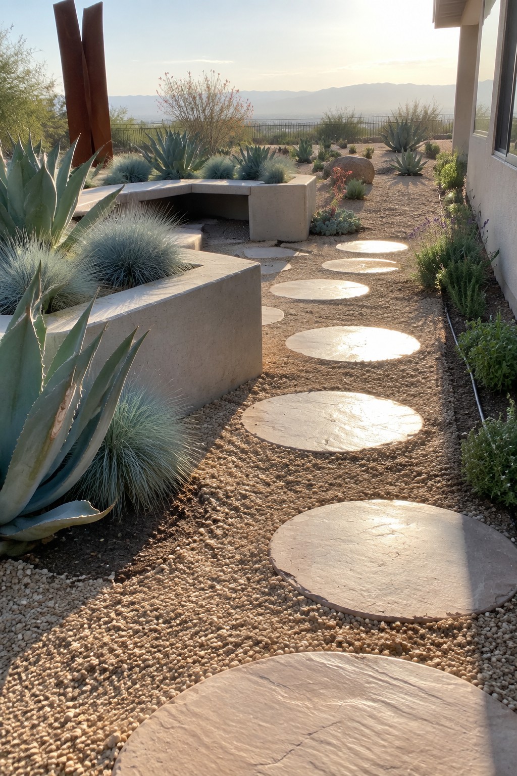 A gravel path with large circular flagstone stepping stones running through desert landscaping with agave and ornamental grasses.