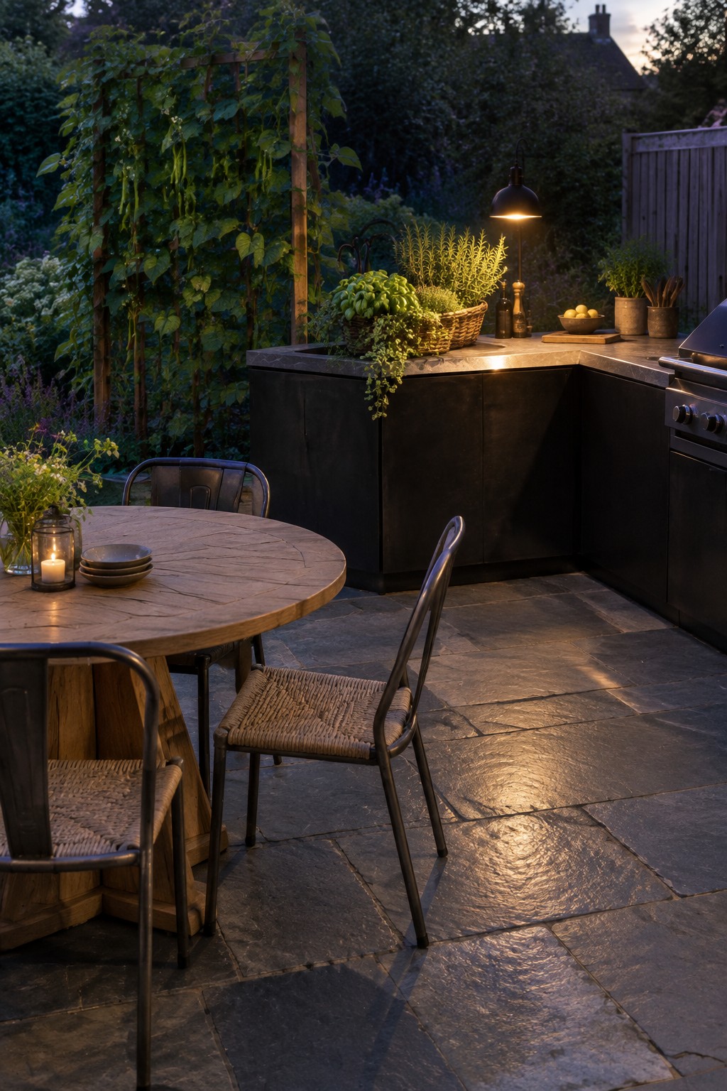 Outdoor patio with round wooden dining table, woven chairs, and dark flagstone flooring beside a black outdoor kitchen with plants and a lit pendant lamp.