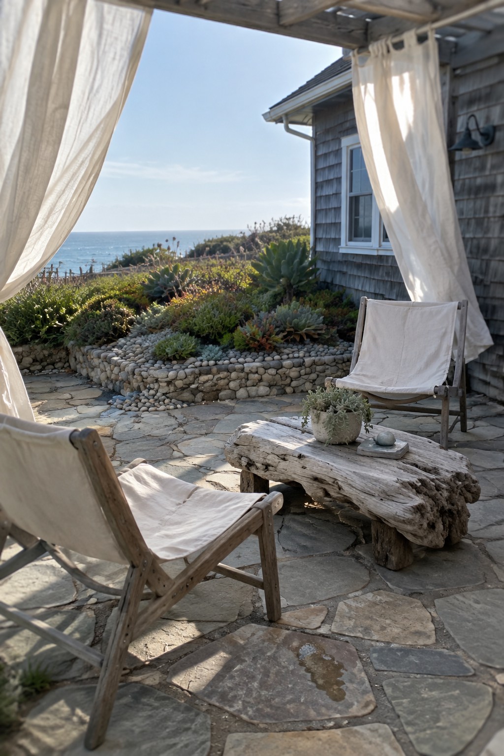 A flagstone patio with irregular stones, two canvas sling chairs on wooden frames, a rustic driftwood table, and white curtains beside a gray shingled house with garden beds.