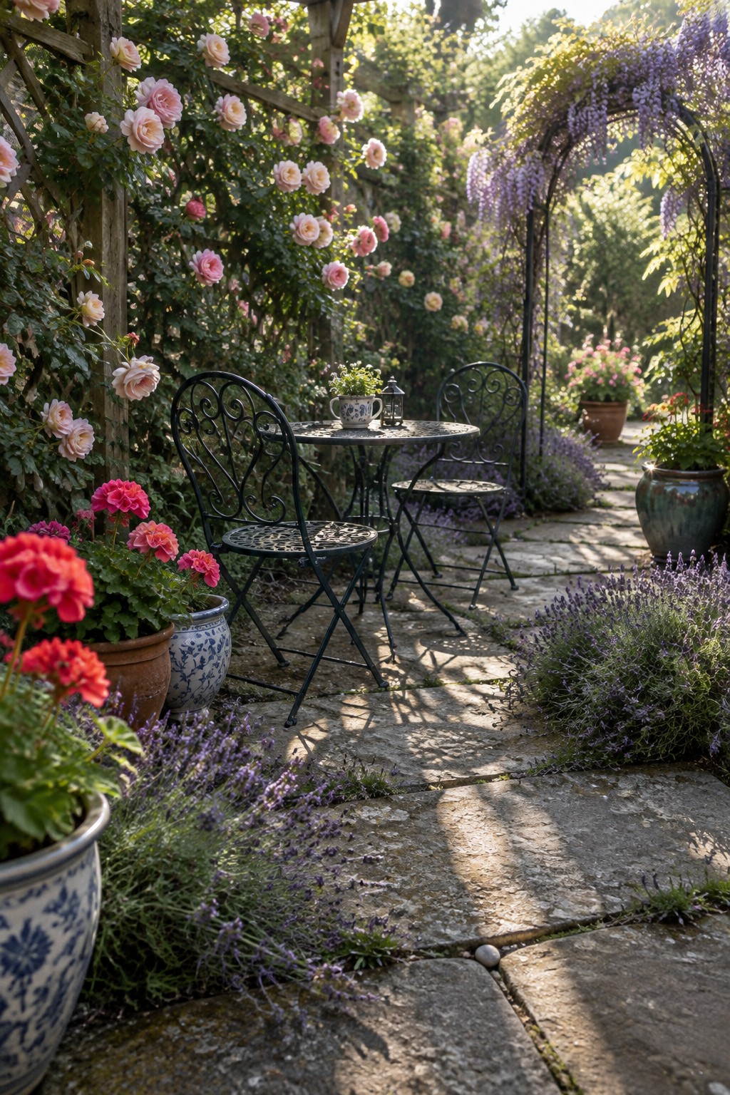 A flagstone patio with a small black metal bistro table and two chairs, surrounded by lavender, pink roses, and potted geraniums in a garden setting.