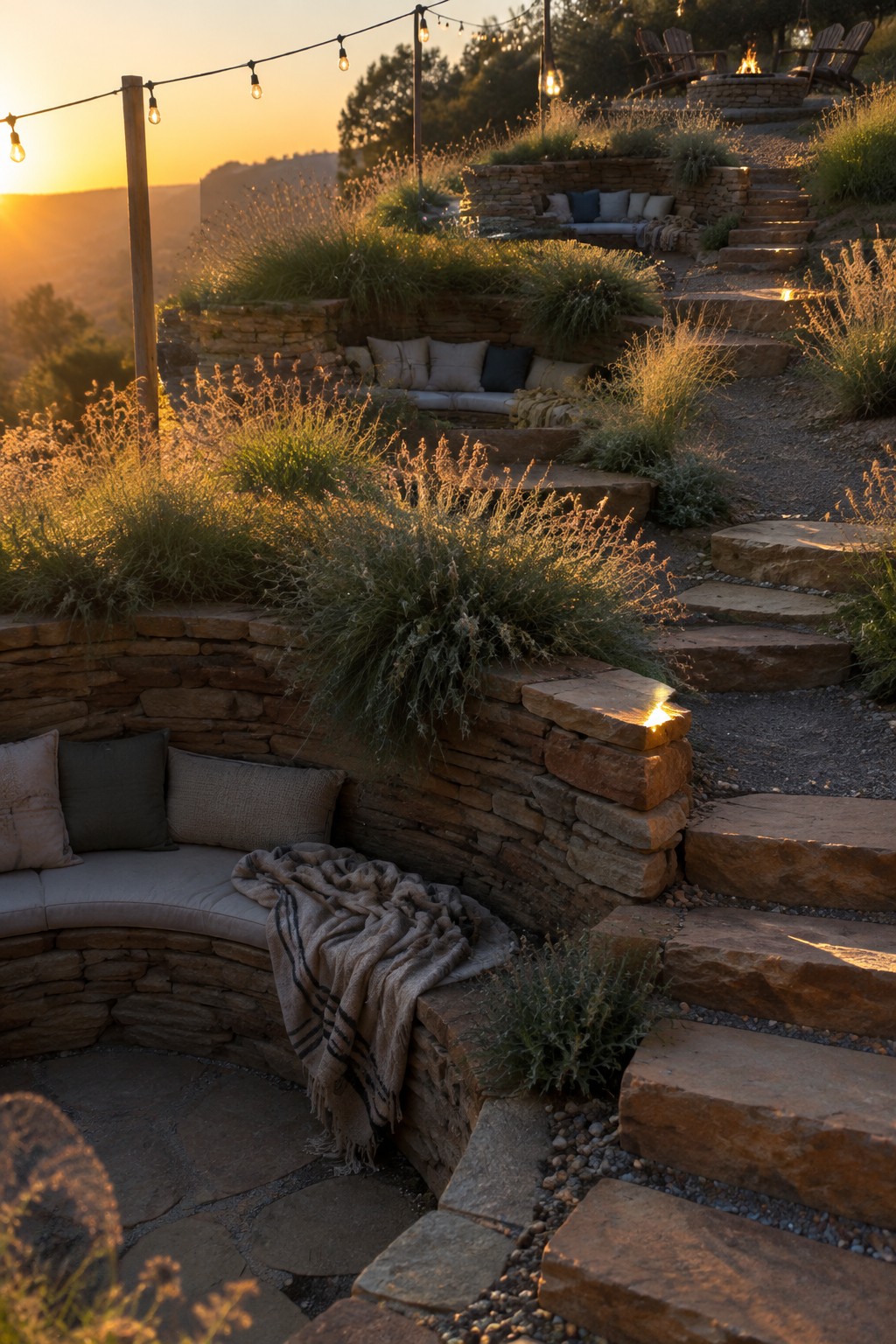Terraced stone patio with built-in benches, cushions, steps, and string lights at sunset