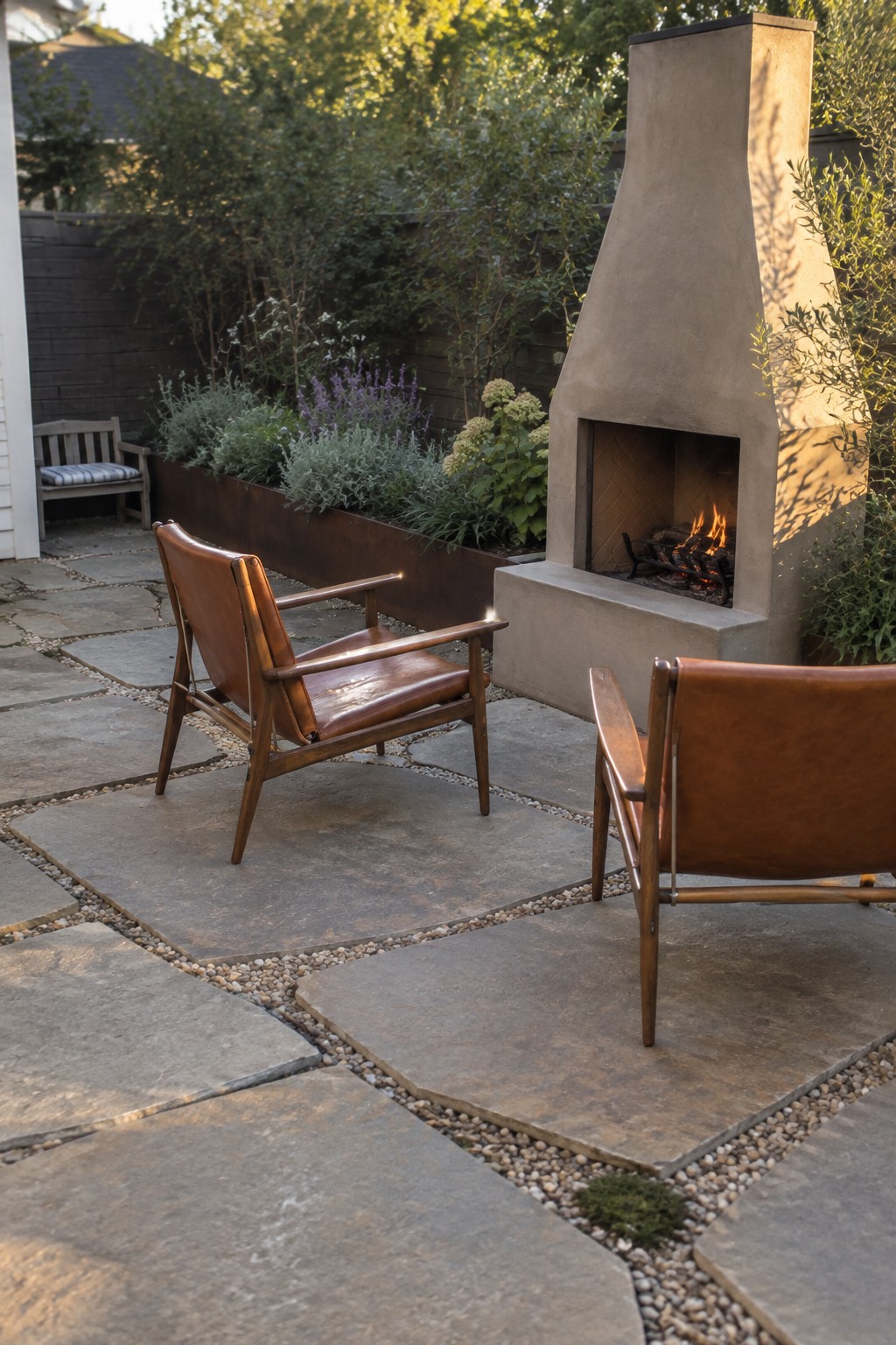 Two leather armchairs on stone patio beside lit outdoor fireplace with plants.