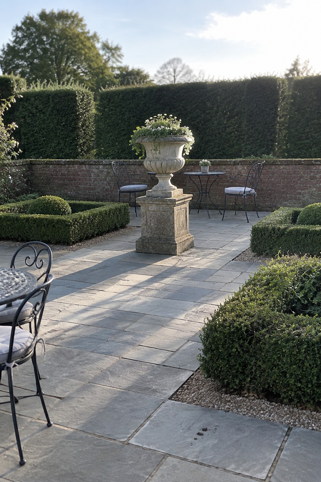 A flagstone patio with irregular gray pavers, a central stone urn planter on a pedestal, metal seating, and boxwood hedges bordering a brick wall.