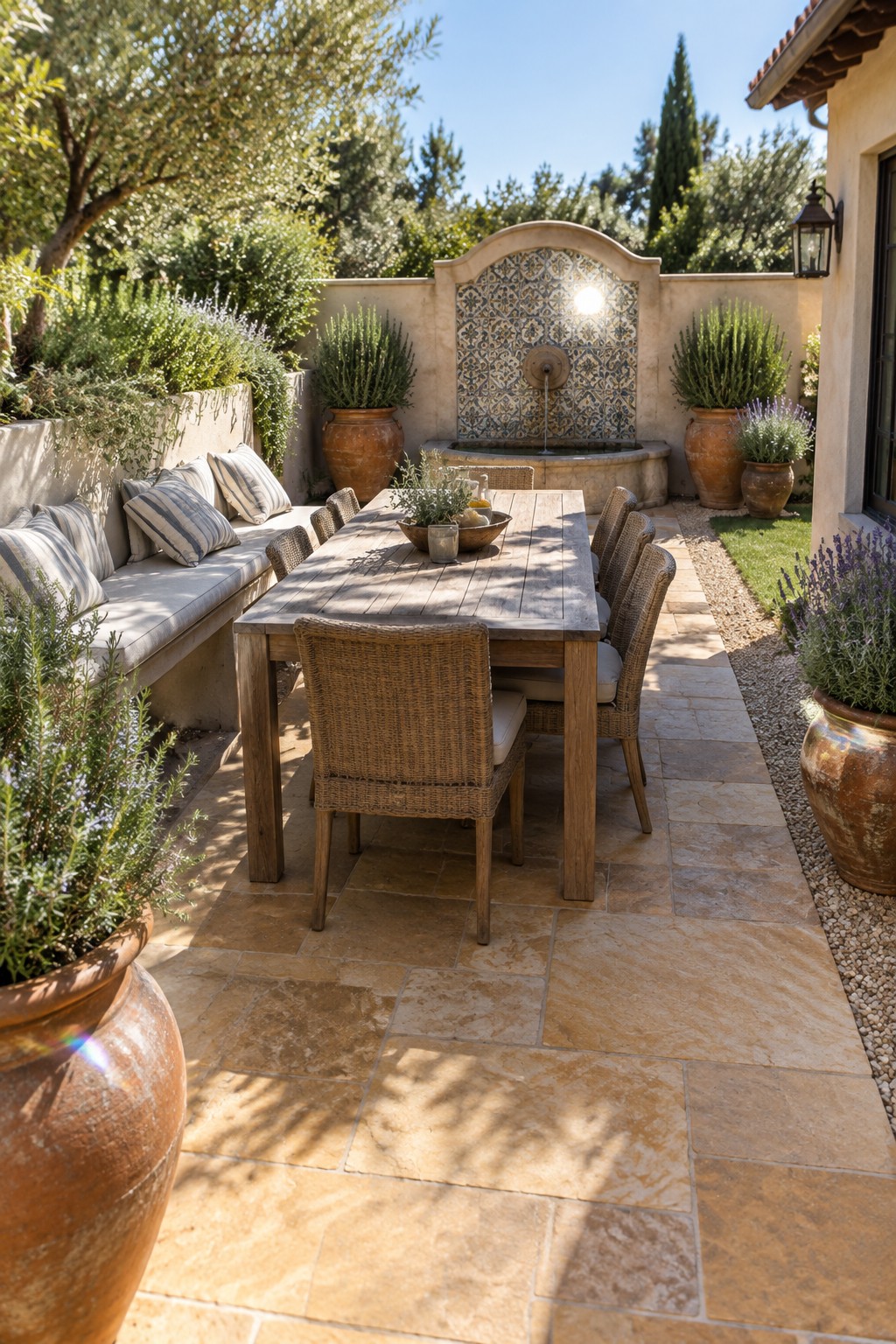 A flagstone patio with a wooden dining table, woven chairs, a built-in tile fountain on the back wall, and large terracotta pots with lavender and shrubs along the edges.