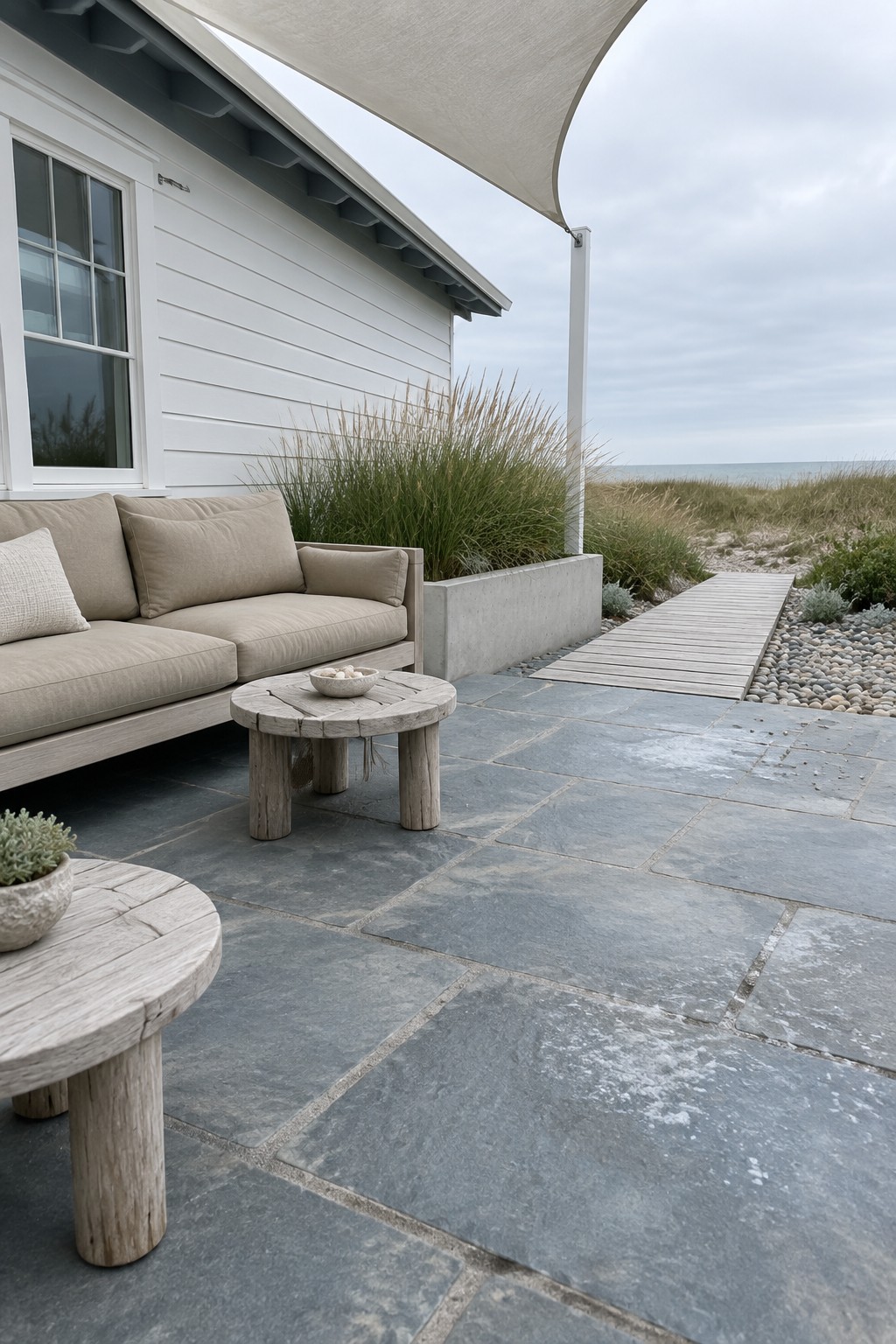A patio covered in large irregular gray flagstone pavers with a light wood outdoor sofa, two round wooden tables, a white shade sail, and a wooden walkway leading toward the beach.