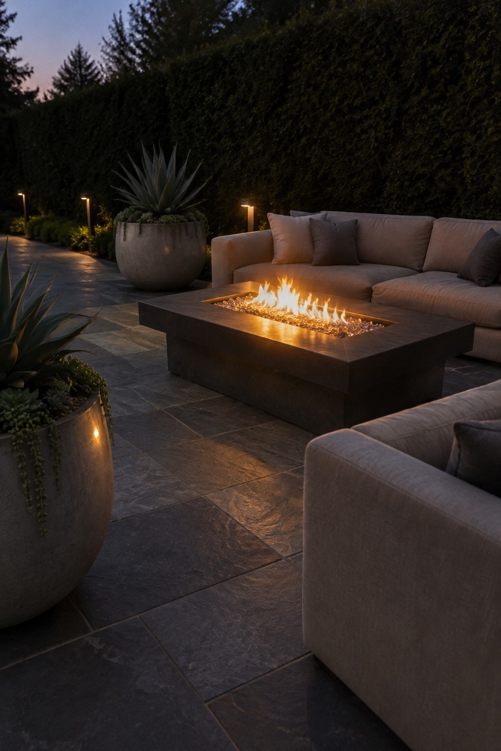 An outdoor seating area with a rectangular fire pit on a dark natural flagstone patio, surrounded by upholstered sofas and large concrete planters with agave and succulents, backed by a tall hedge.