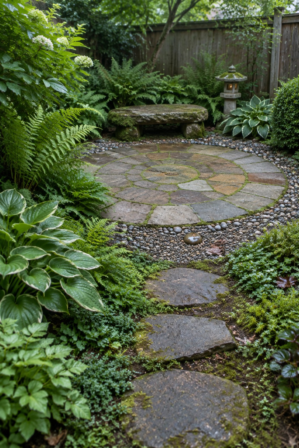 Circular stone patio with bench, lantern, ferns, and stepping stone path
