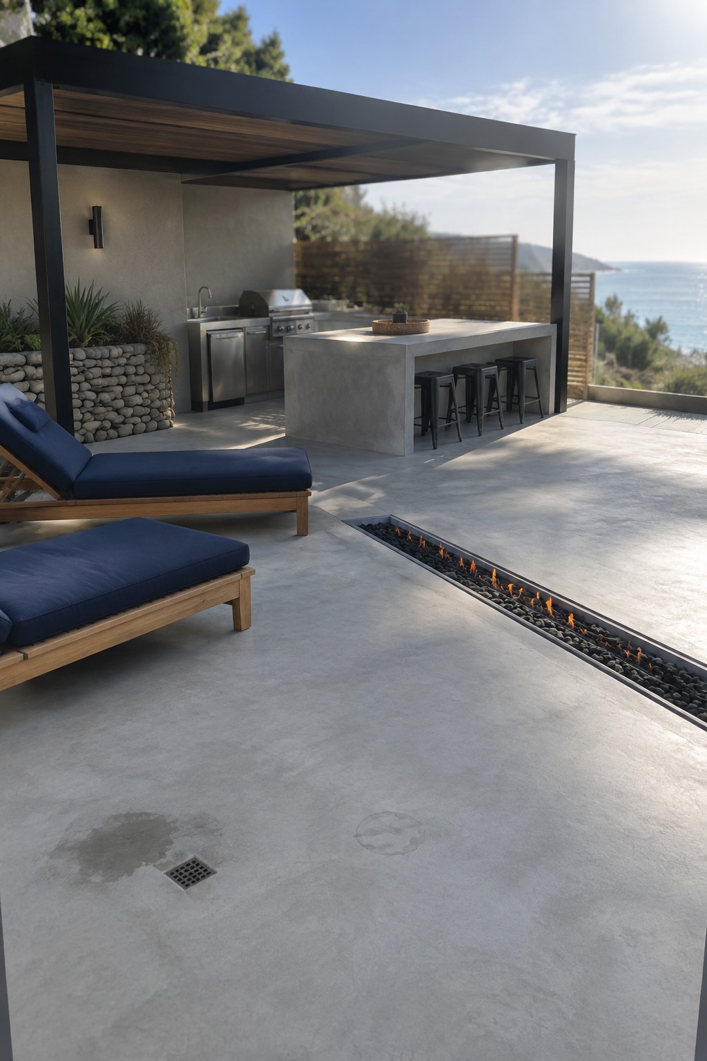 A modern outdoor patio with a long linear fire pit set into concrete, wooden lounge chairs with blue cushions, and a concrete kitchen island with stools overlooking the ocean.
