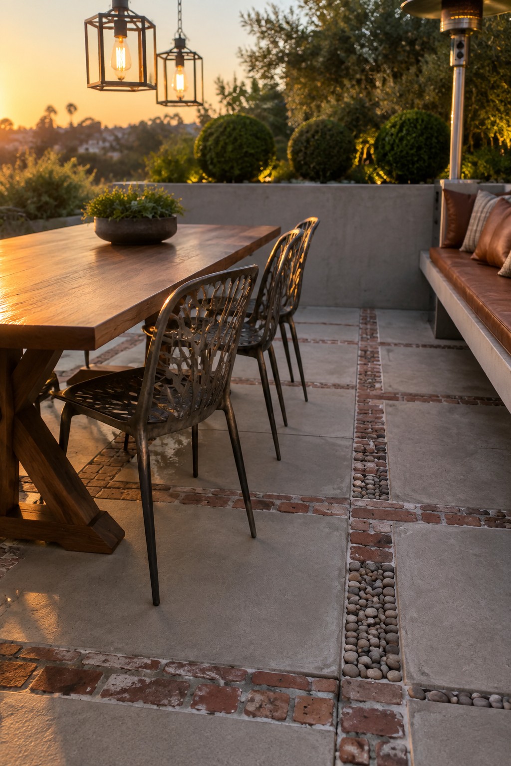 Wooden patio table with ornate metal chairs under lit lanterns at sunset